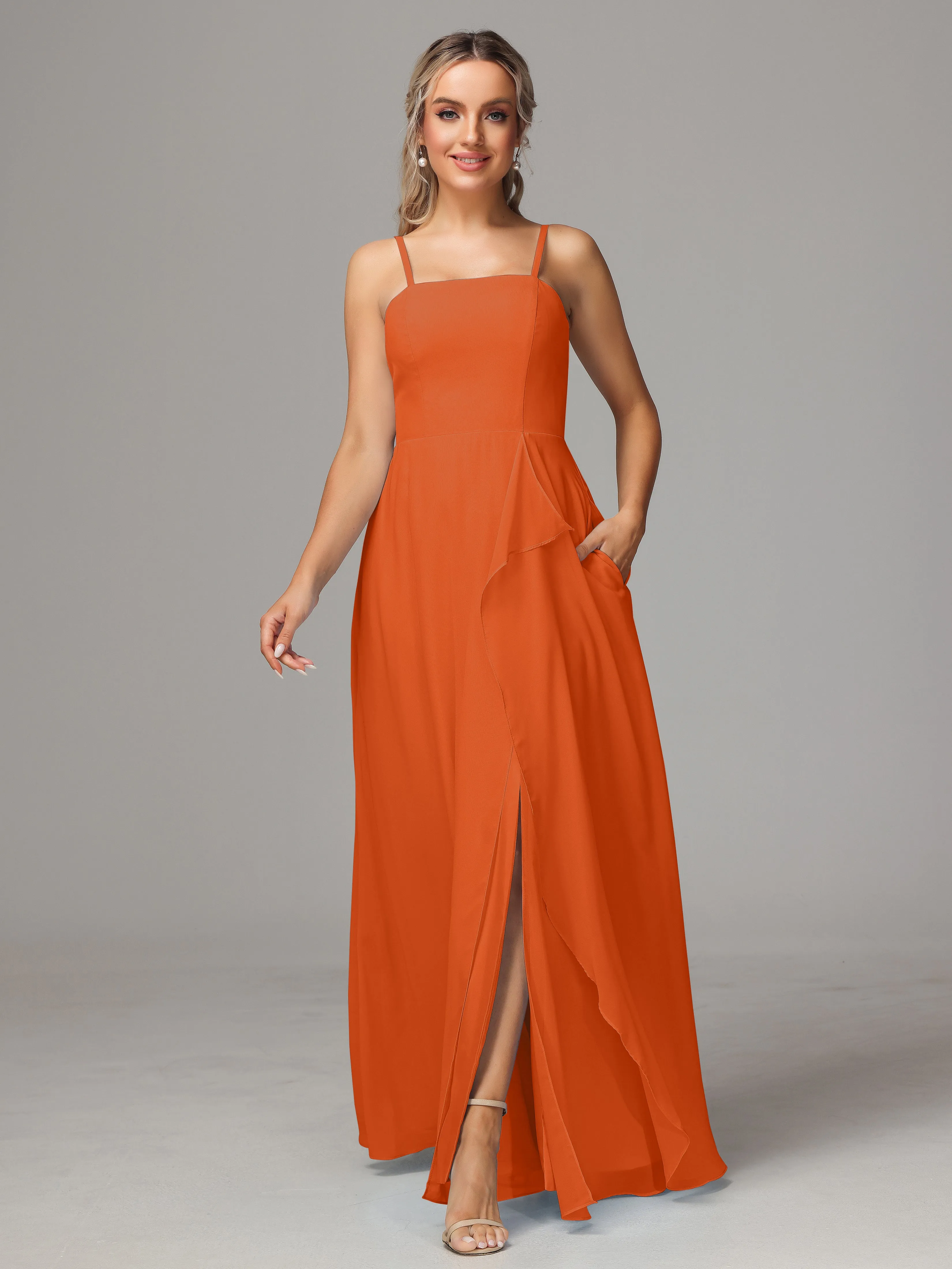 A-Line Ruffles Spaghetti Straps Chiffon Bridesmaid Dresses With Split