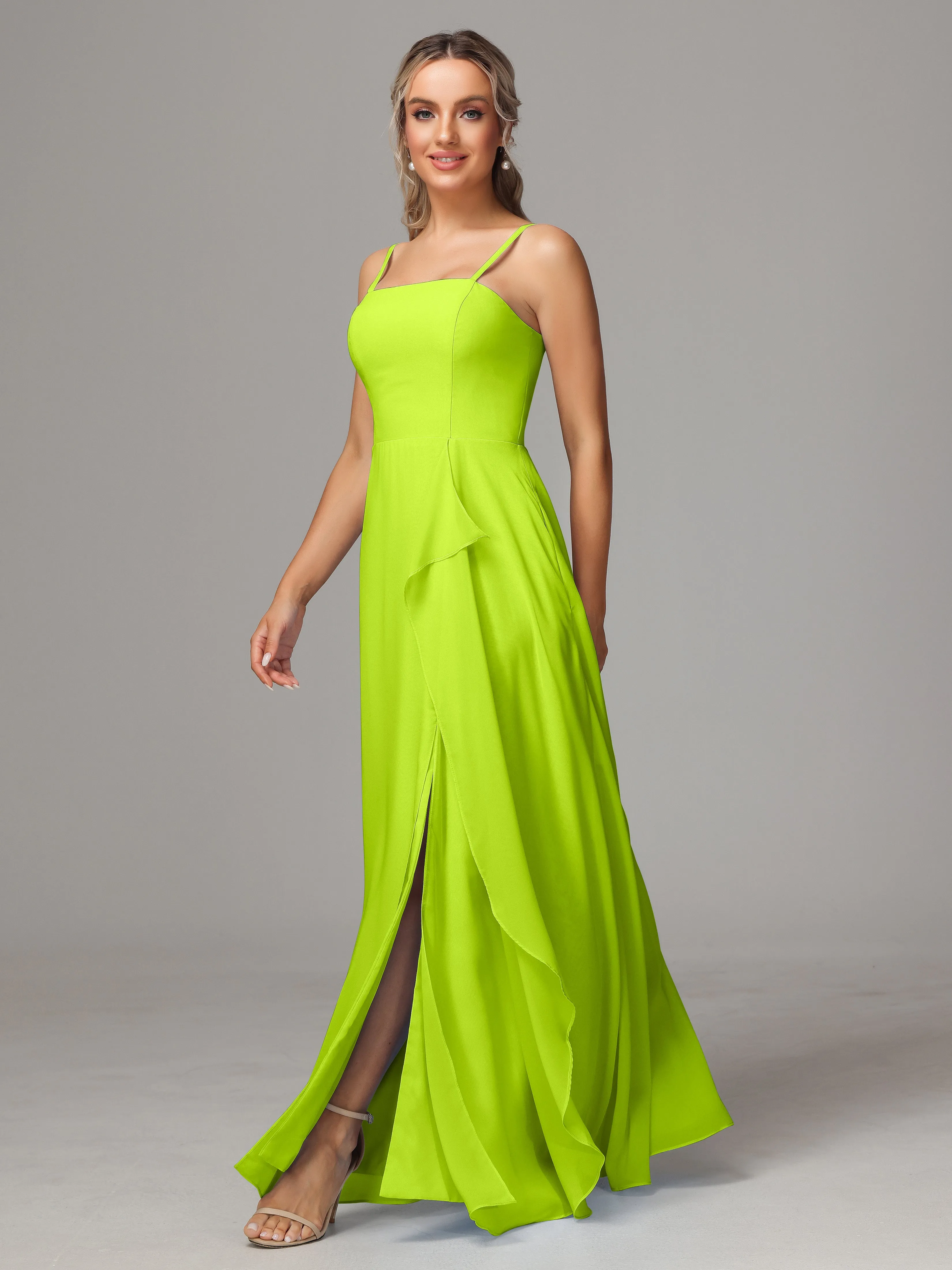 A-Line Ruffles Spaghetti Straps Chiffon Bridesmaid Dresses With Split