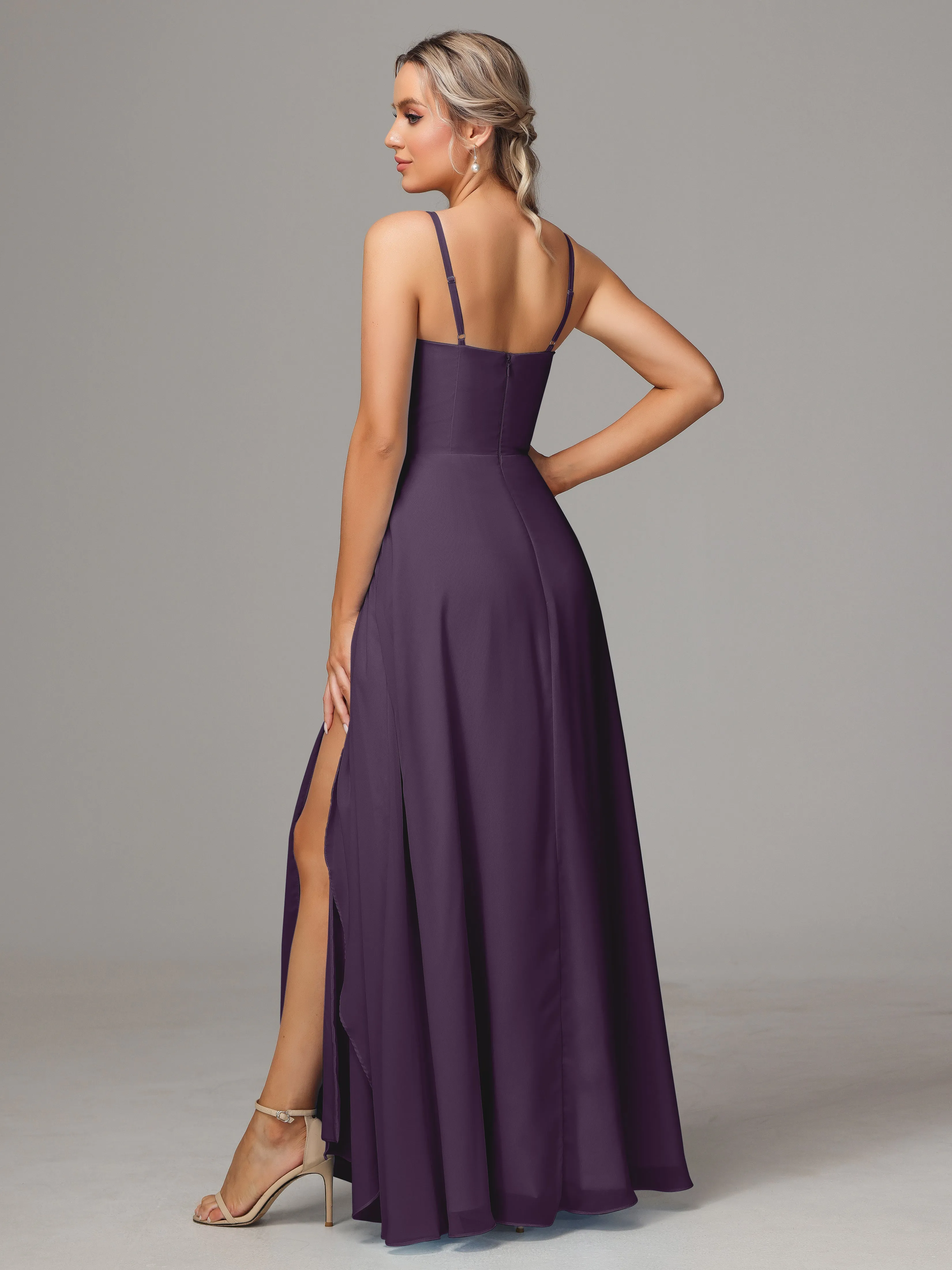 A-Line Ruffles Spaghetti Straps Chiffon Bridesmaid Dresses With Split