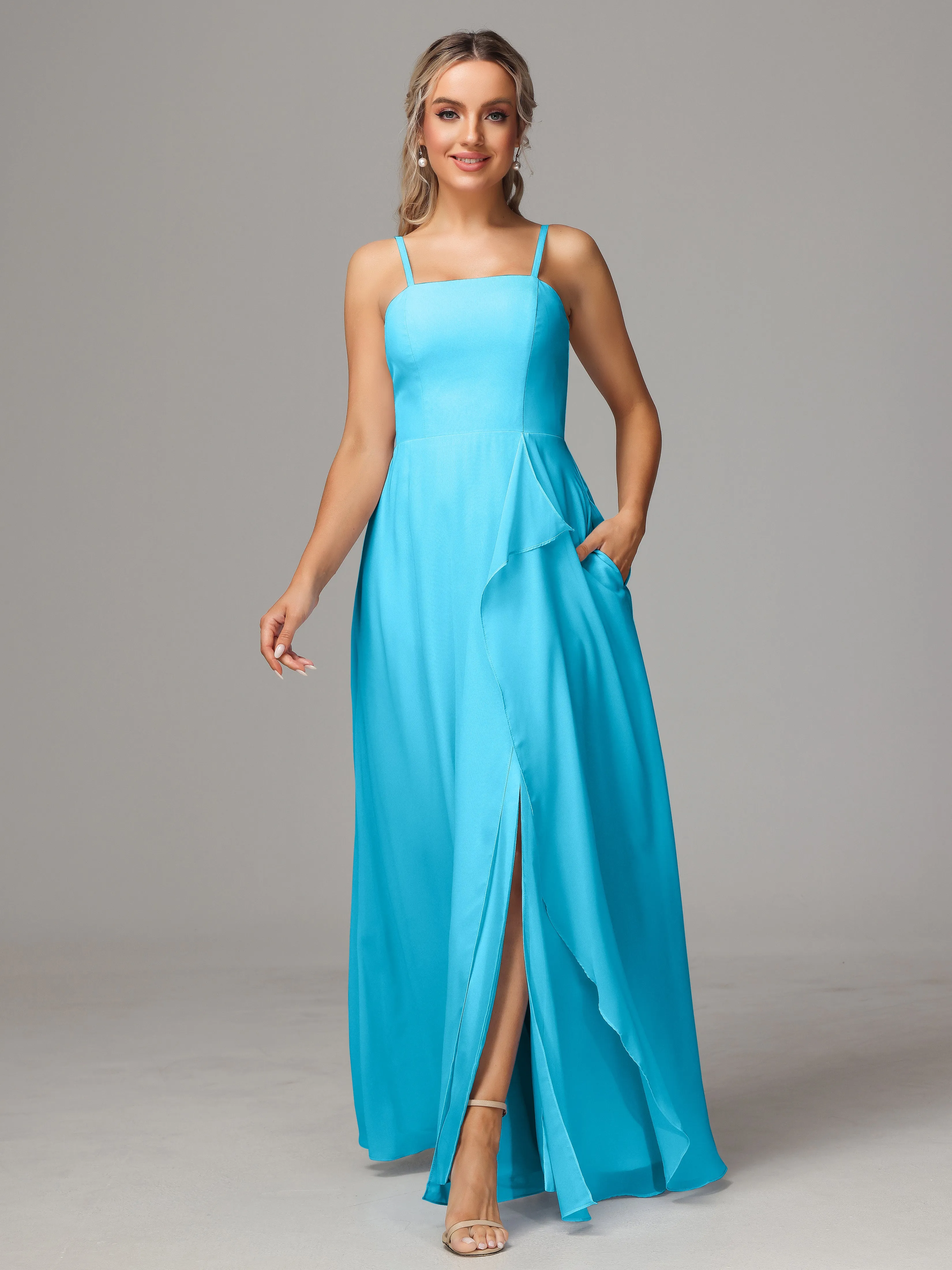 A-Line Ruffles Spaghetti Straps Chiffon Bridesmaid Dresses With Split