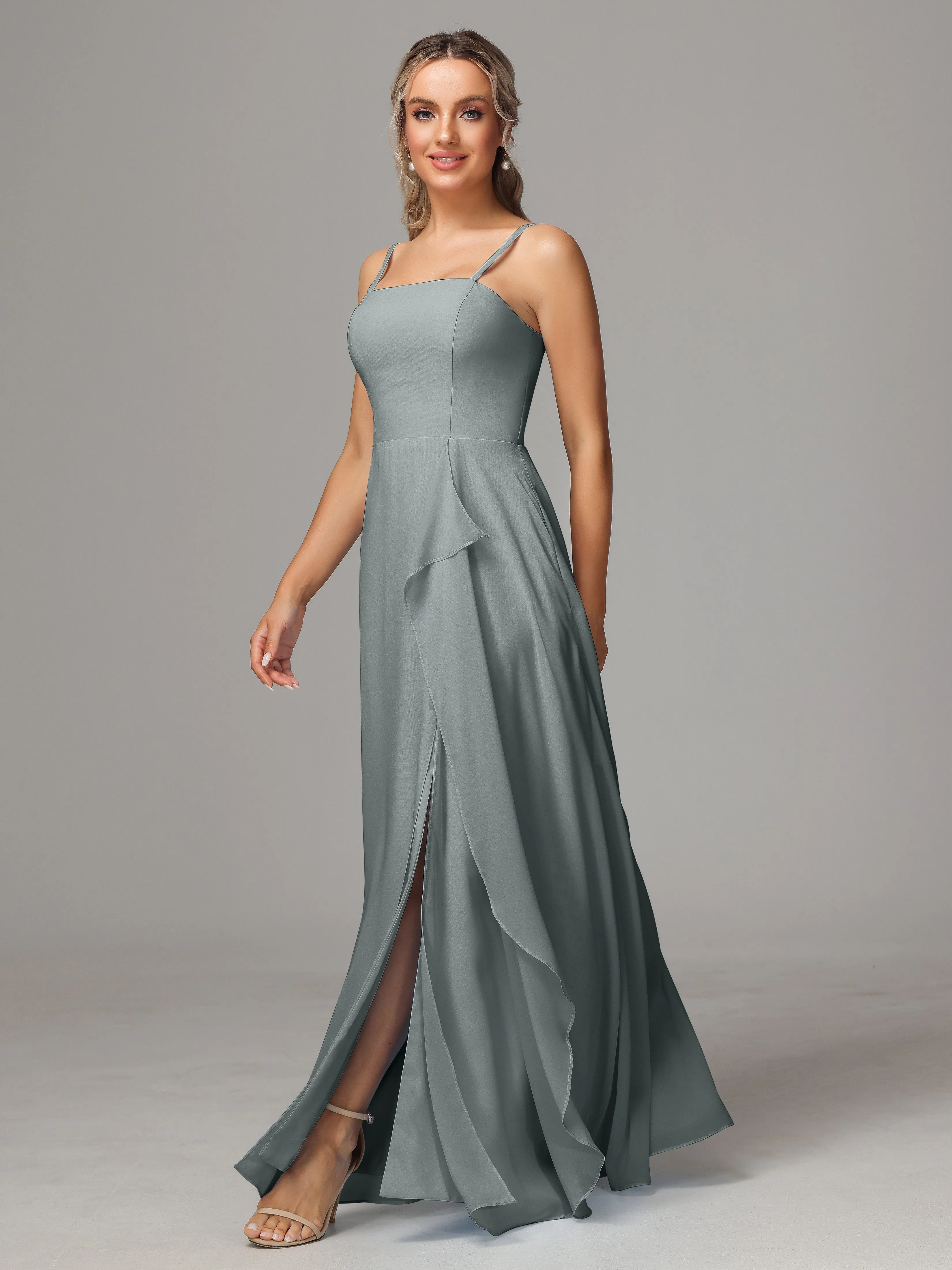 A-Line Ruffles Spaghetti Straps Chiffon Bridesmaid Dresses With Split