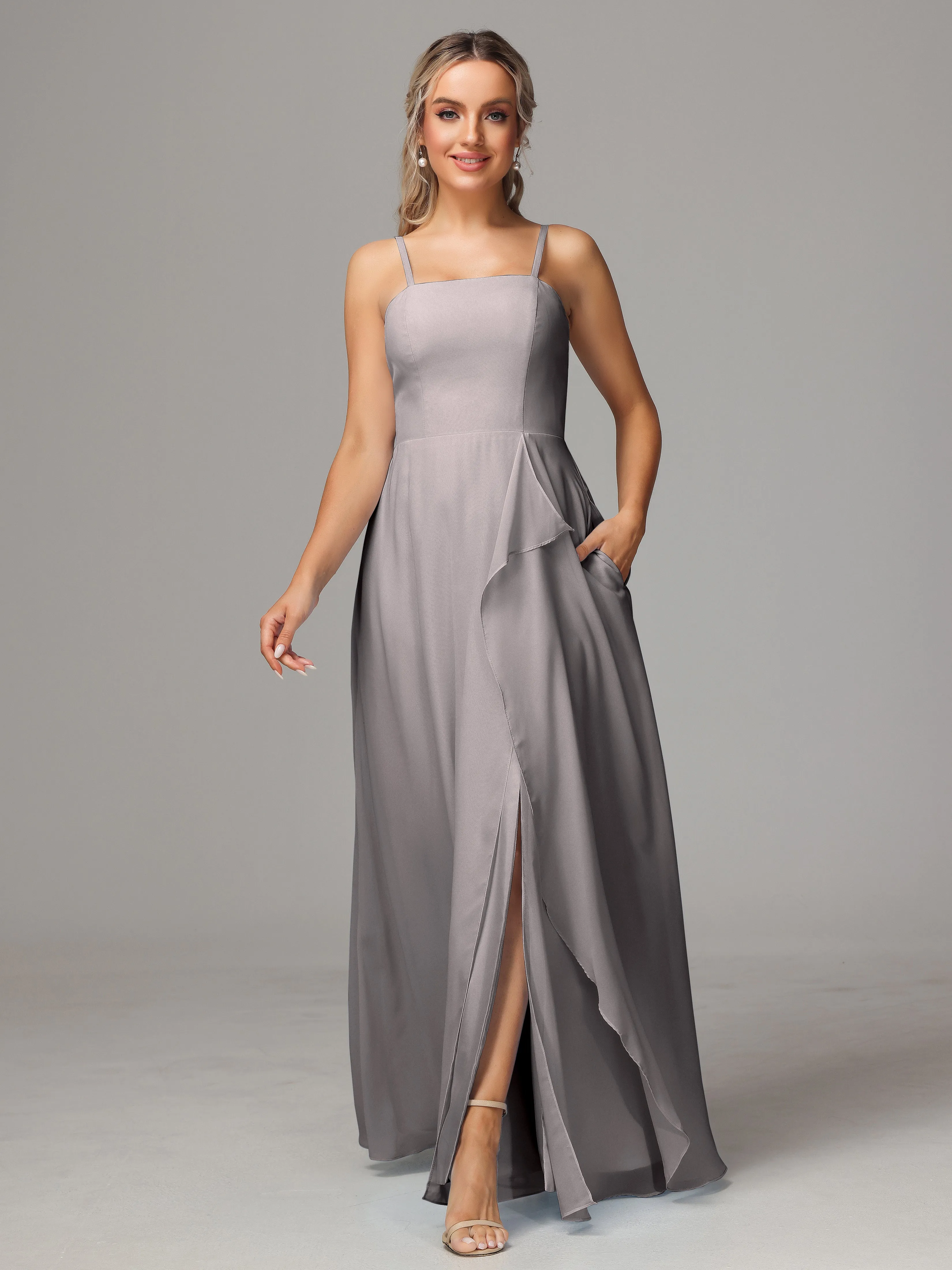 A-Line Ruffles Spaghetti Straps Chiffon Bridesmaid Dresses With Split