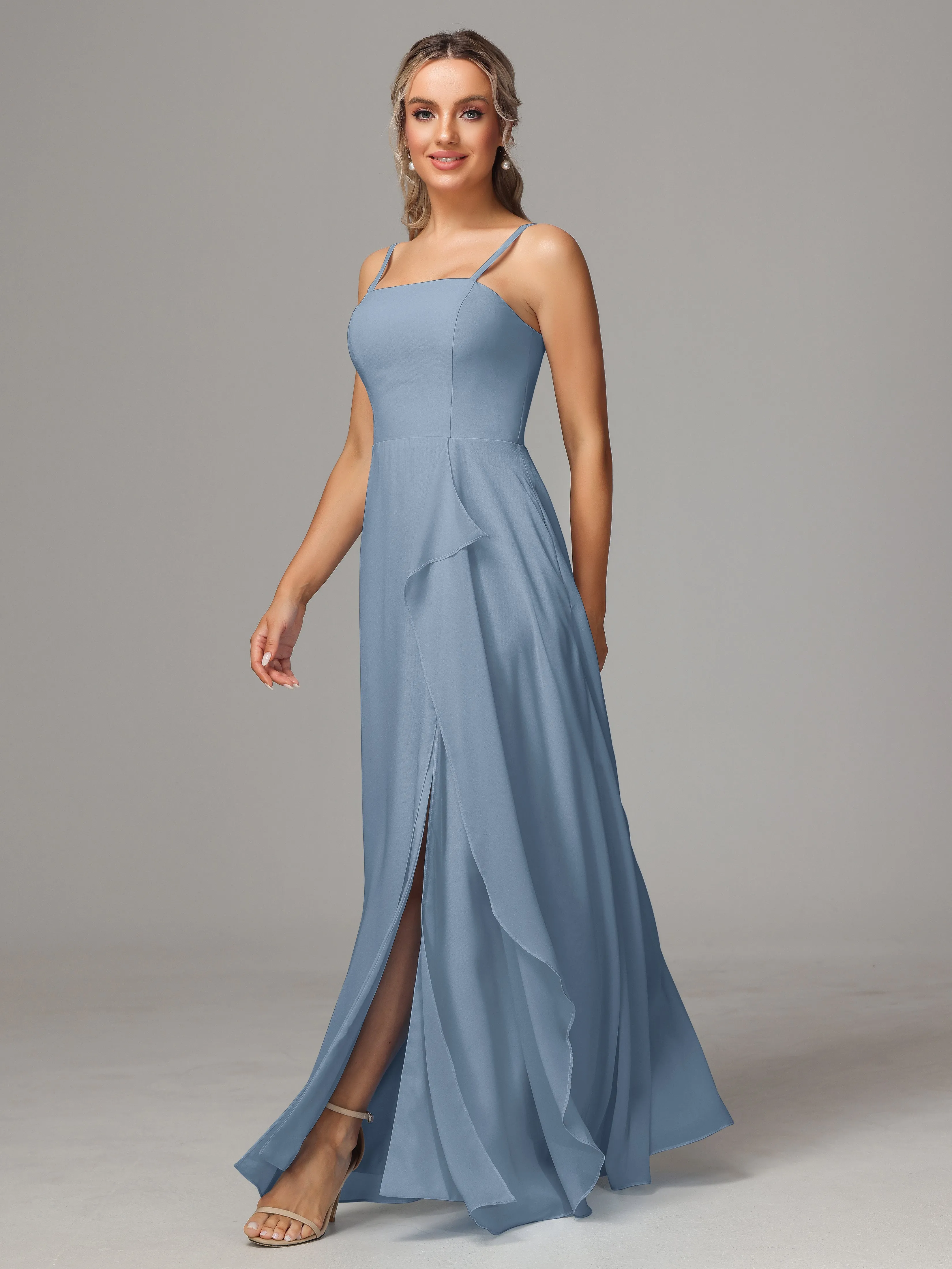 A-Line Ruffles Spaghetti Straps Chiffon Bridesmaid Dresses With Split