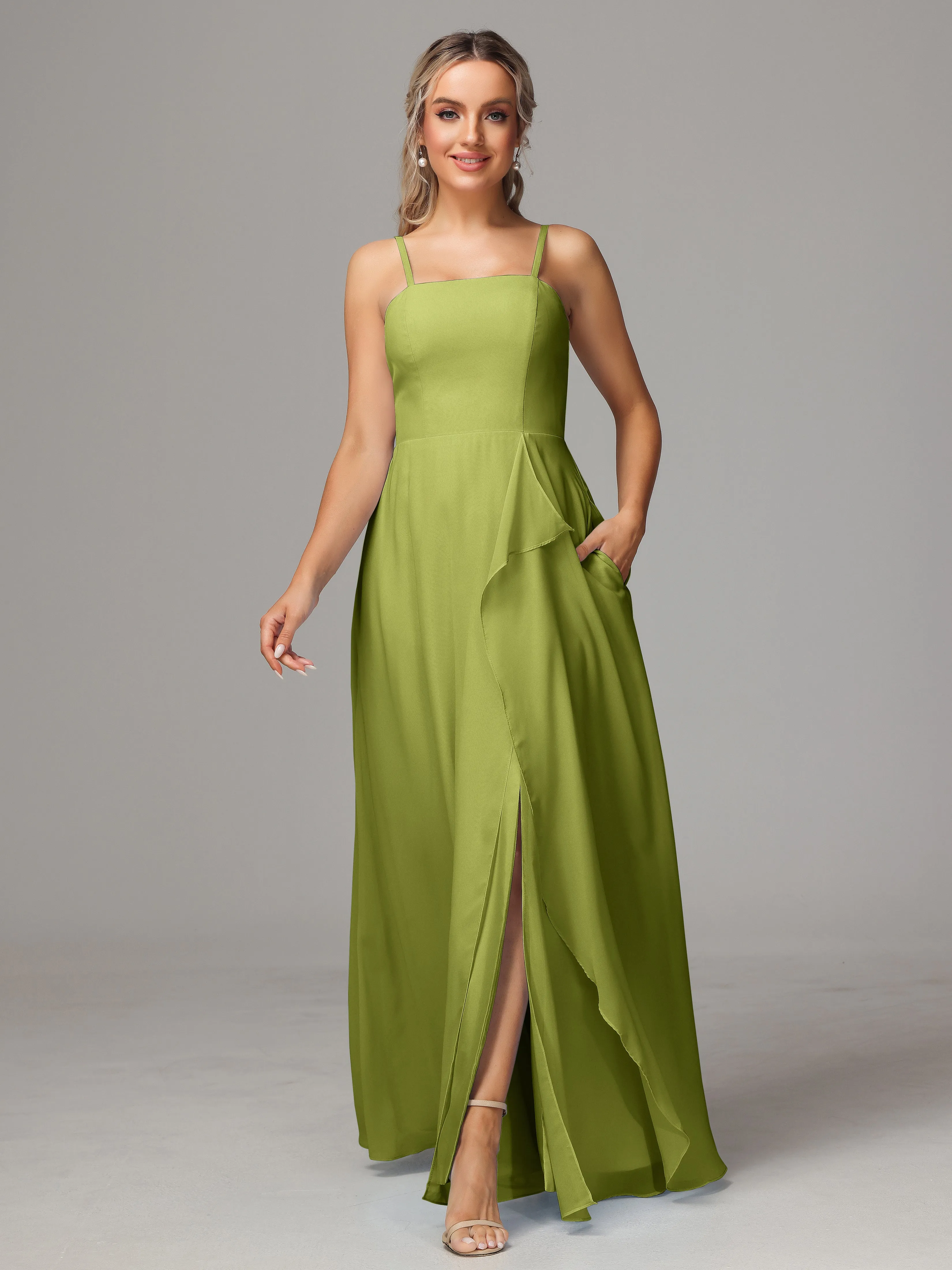 A-Line Ruffles Spaghetti Straps Chiffon Bridesmaid Dresses With Split