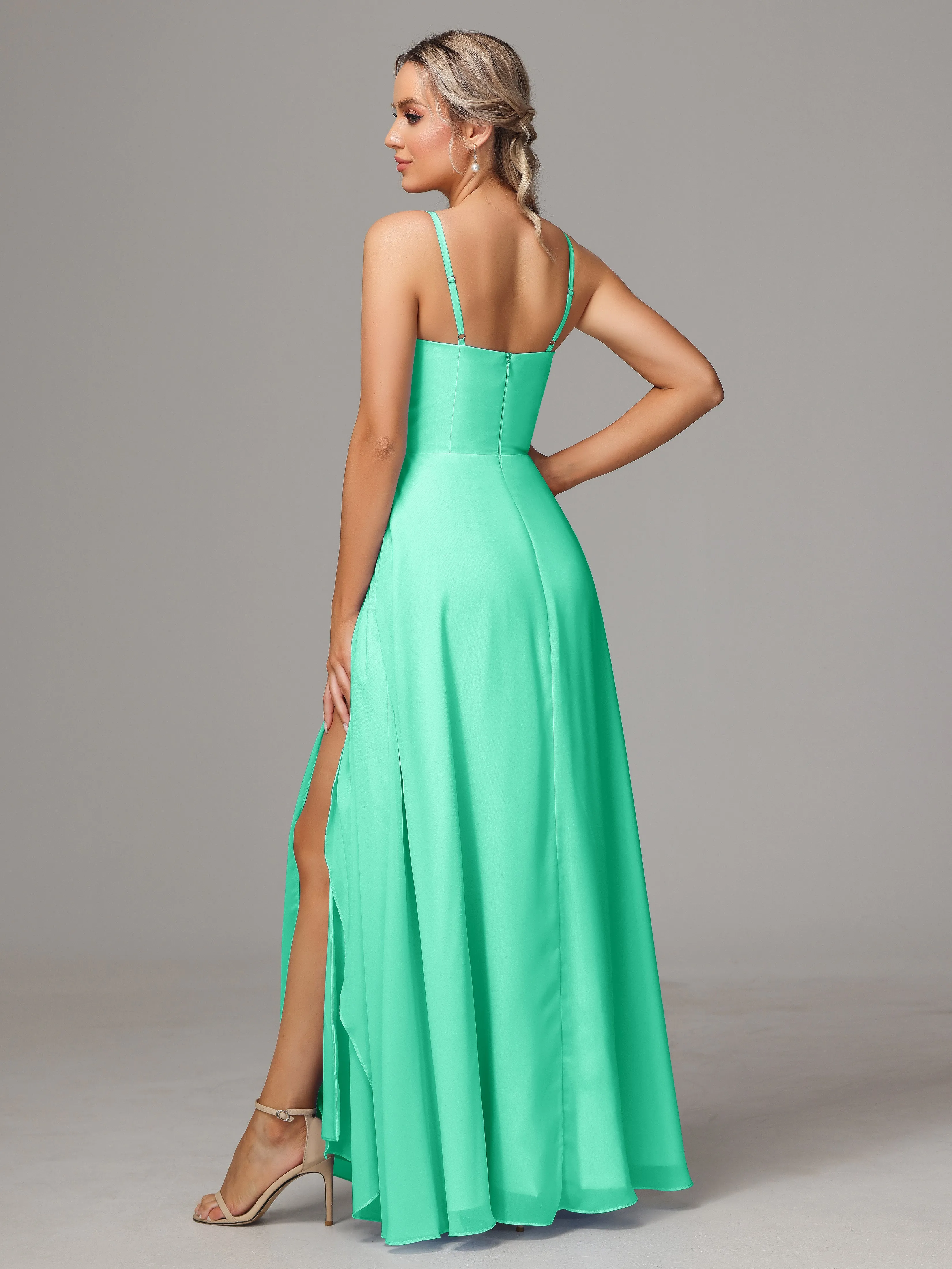 A-Line Ruffles Spaghetti Straps Chiffon Bridesmaid Dresses With Split