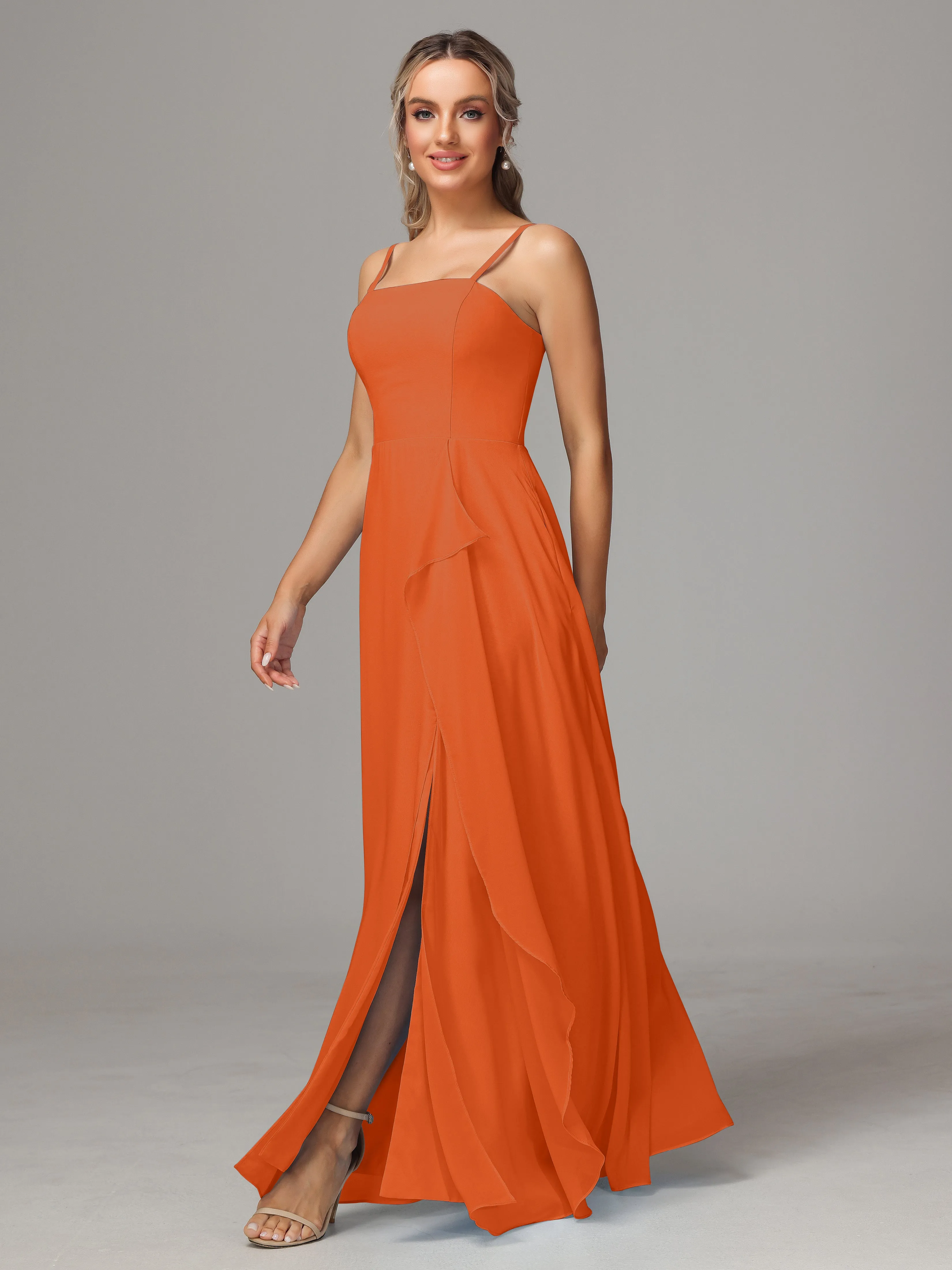 A-Line Ruffles Spaghetti Straps Chiffon Bridesmaid Dresses With Split