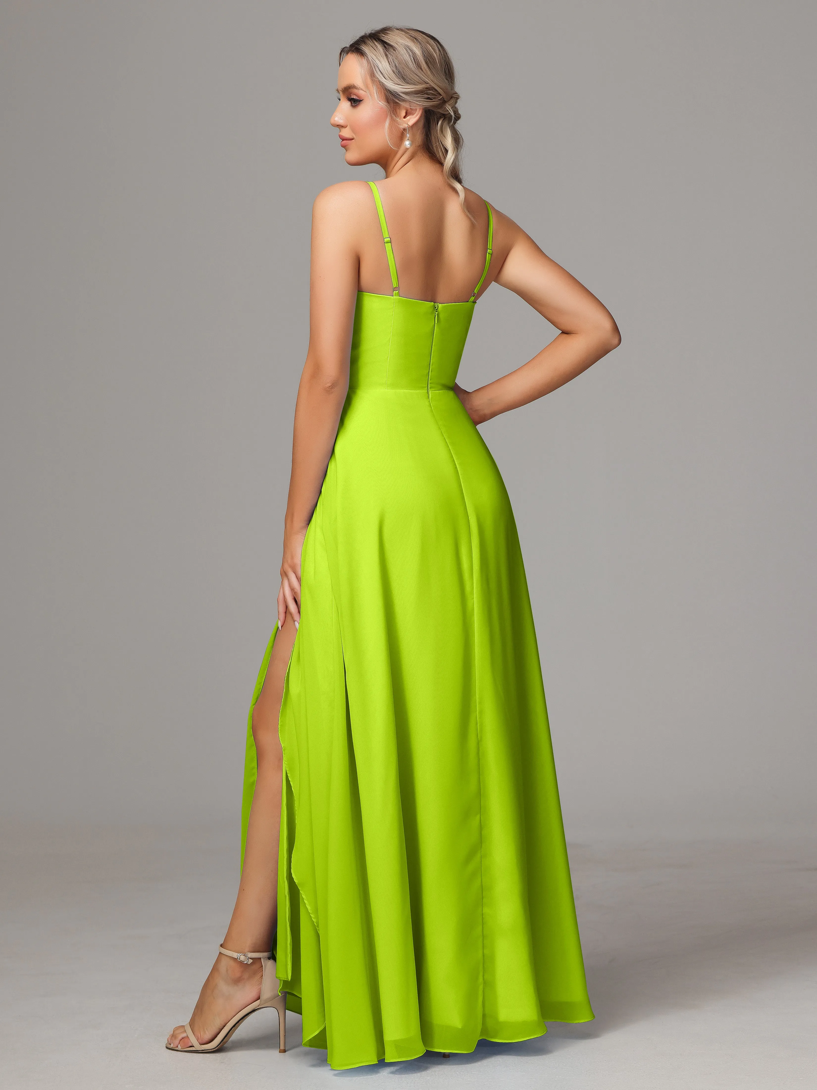 A-Line Ruffles Spaghetti Straps Chiffon Bridesmaid Dresses With Split