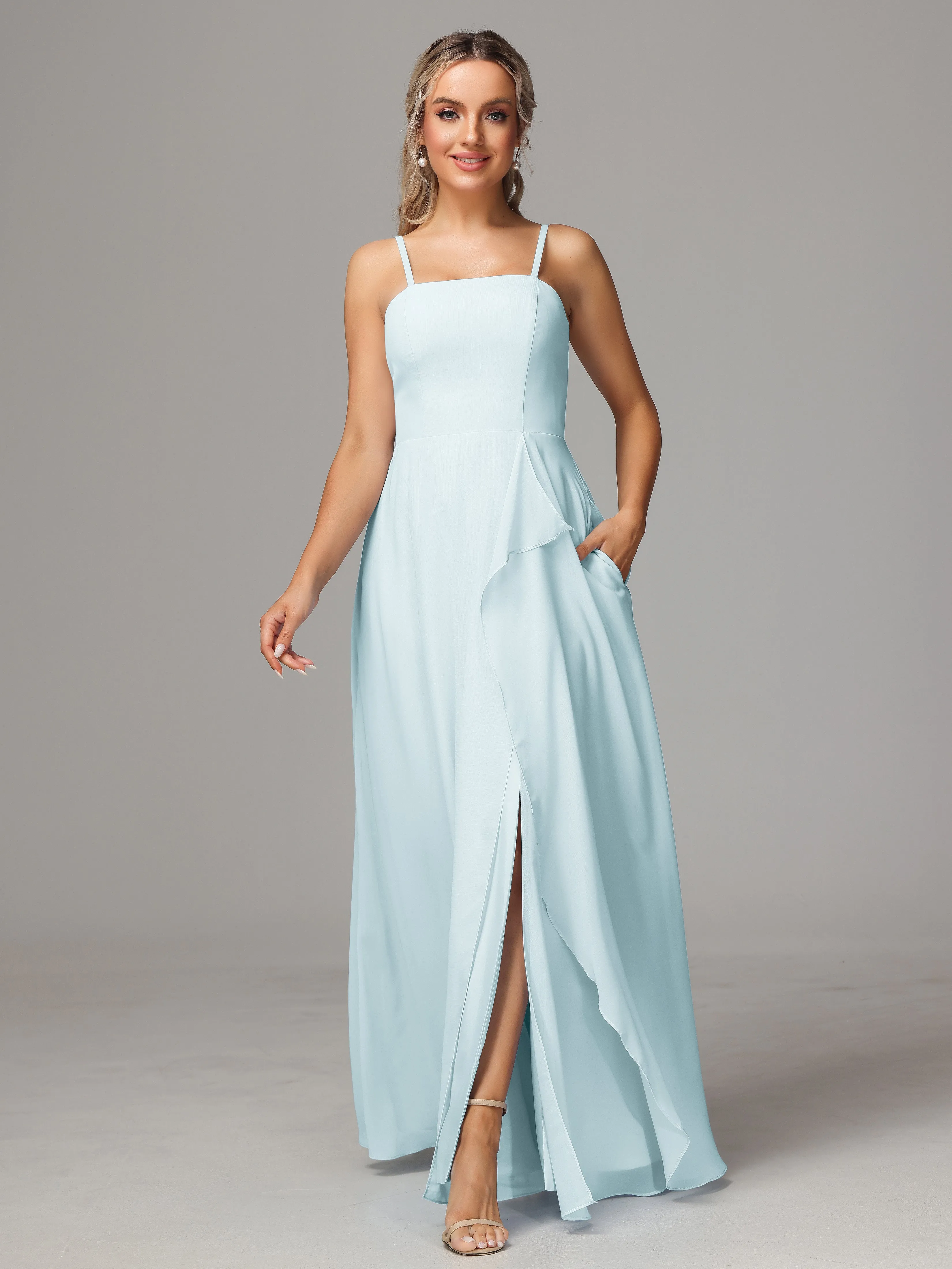 A-Line Ruffles Spaghetti Straps Chiffon Bridesmaid Dresses With Split