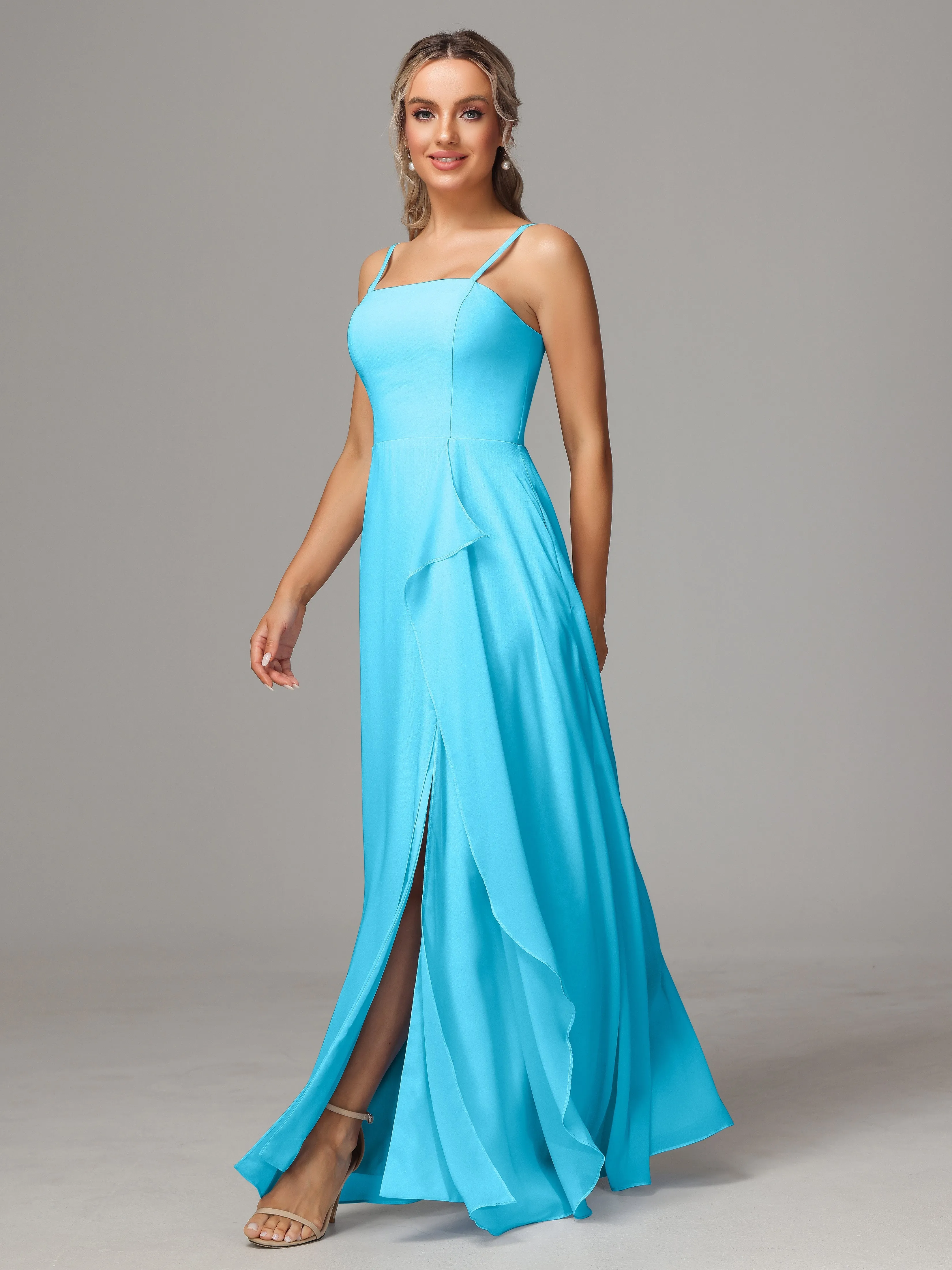 A-Line Ruffles Spaghetti Straps Chiffon Bridesmaid Dresses With Split