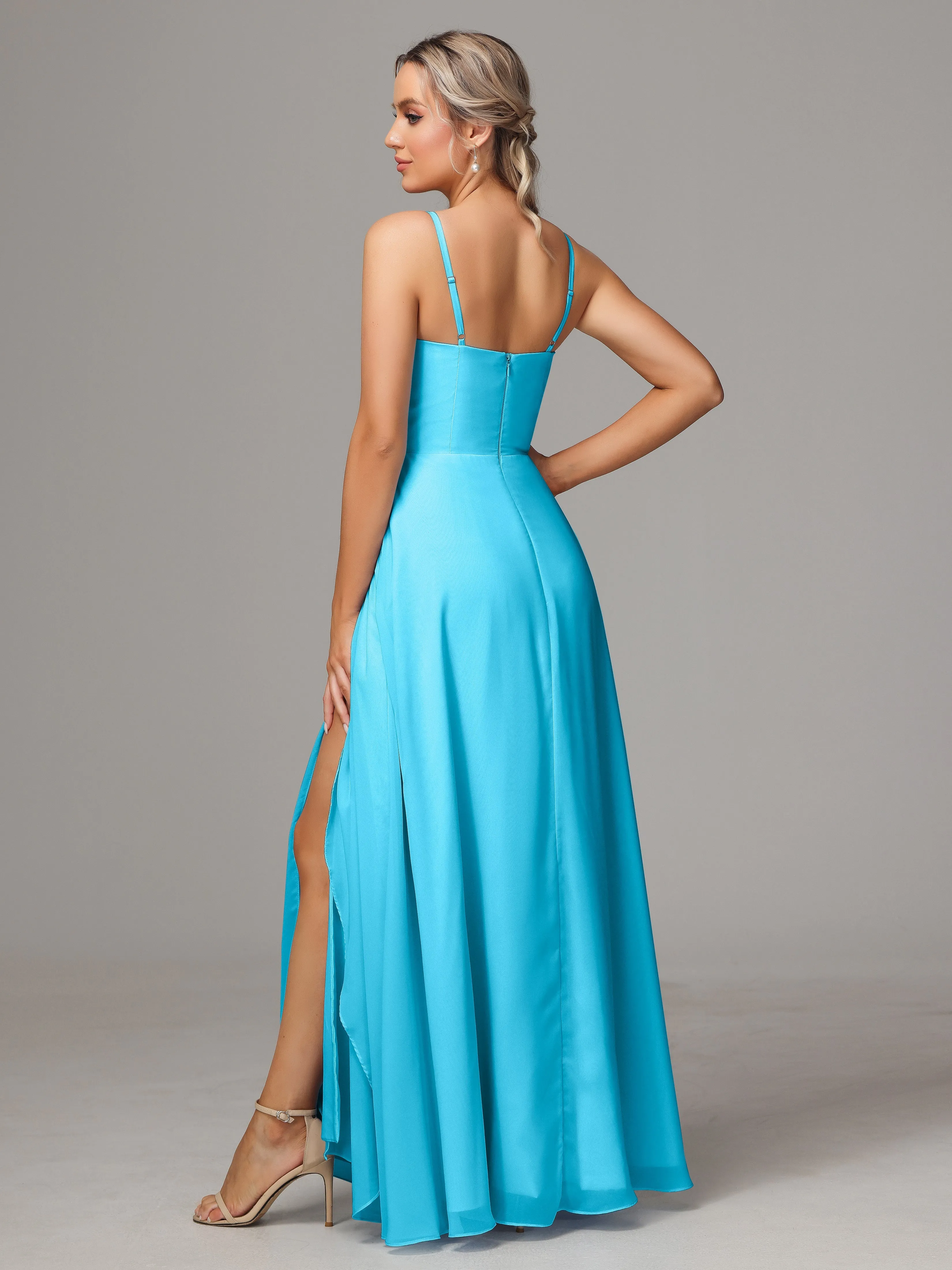 A-Line Ruffles Spaghetti Straps Chiffon Bridesmaid Dresses With Split