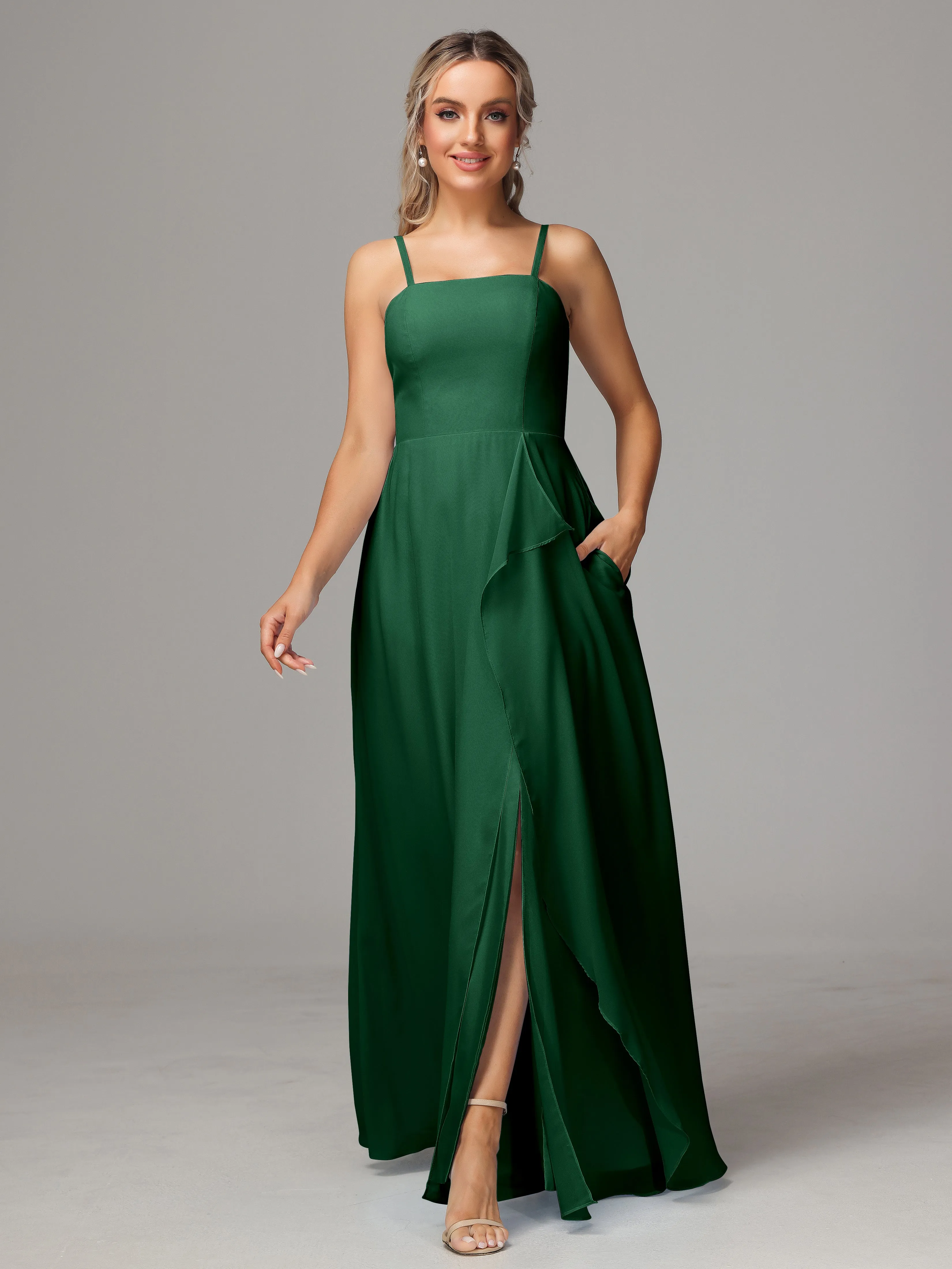 A-Line Ruffles Spaghetti Straps Chiffon Bridesmaid Dresses With Split