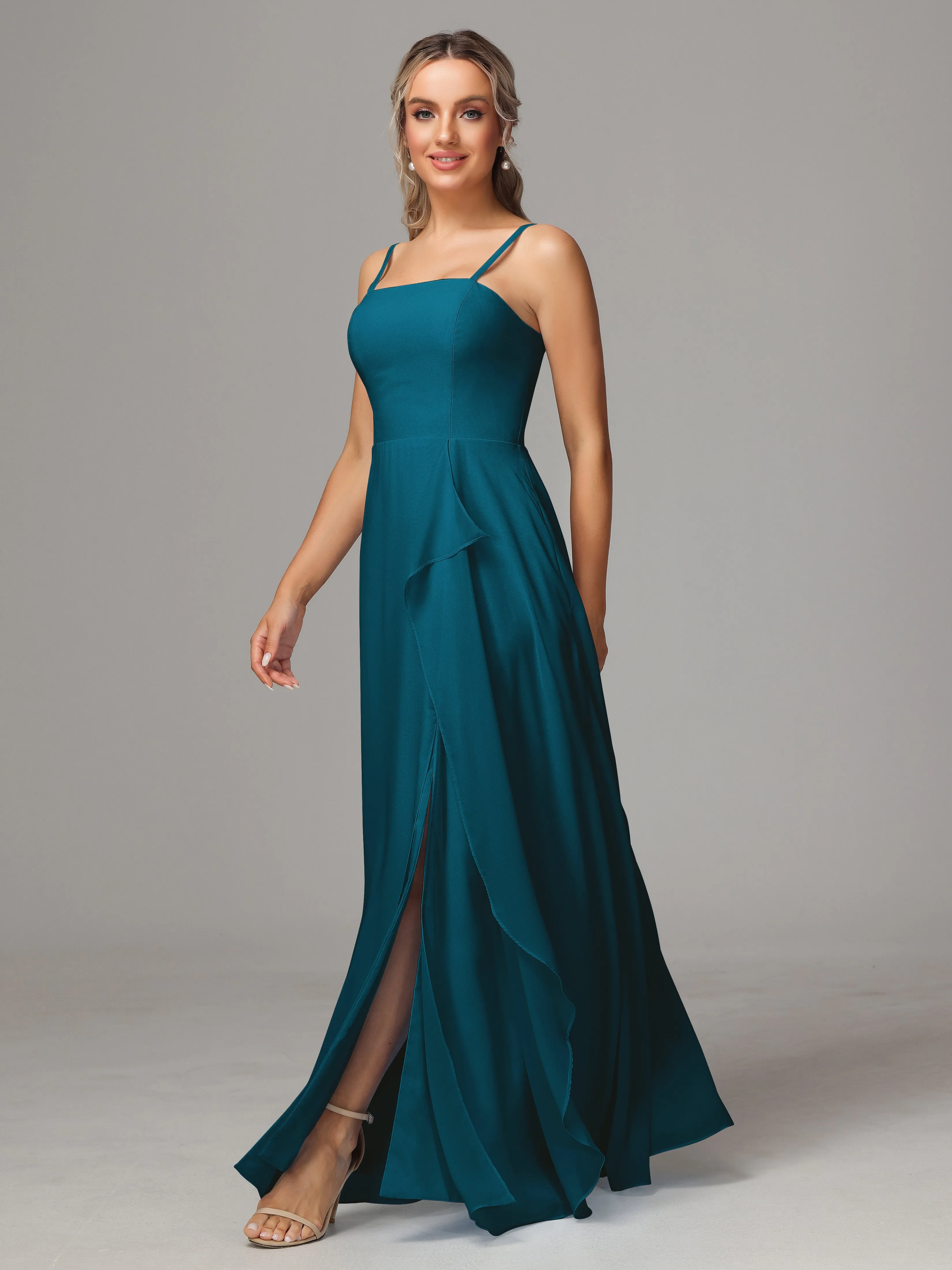 A-Line Ruffles Spaghetti Straps Chiffon Bridesmaid Dresses With Split