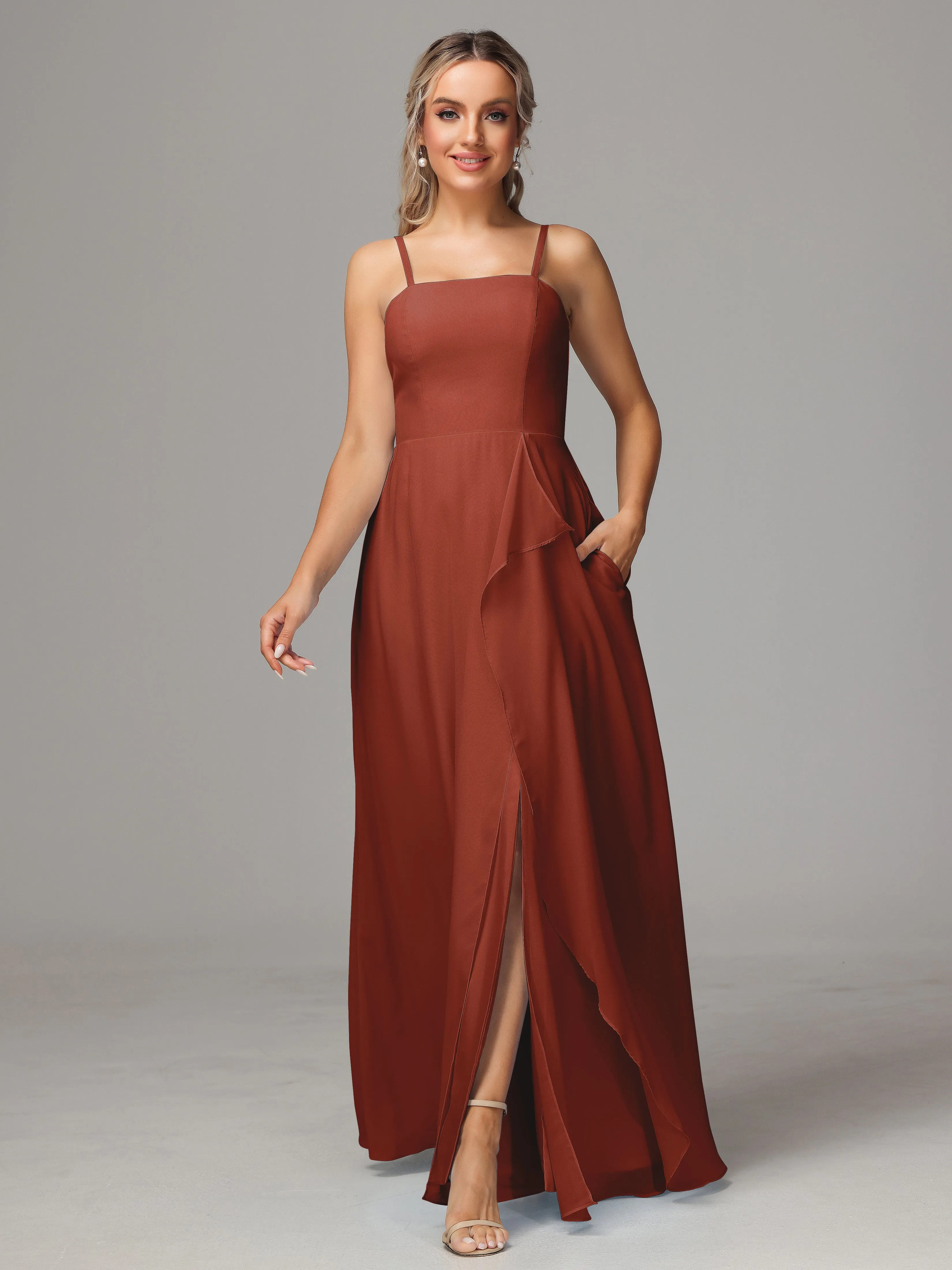 A-Line Ruffles Spaghetti Straps Chiffon Bridesmaid Dresses With Split