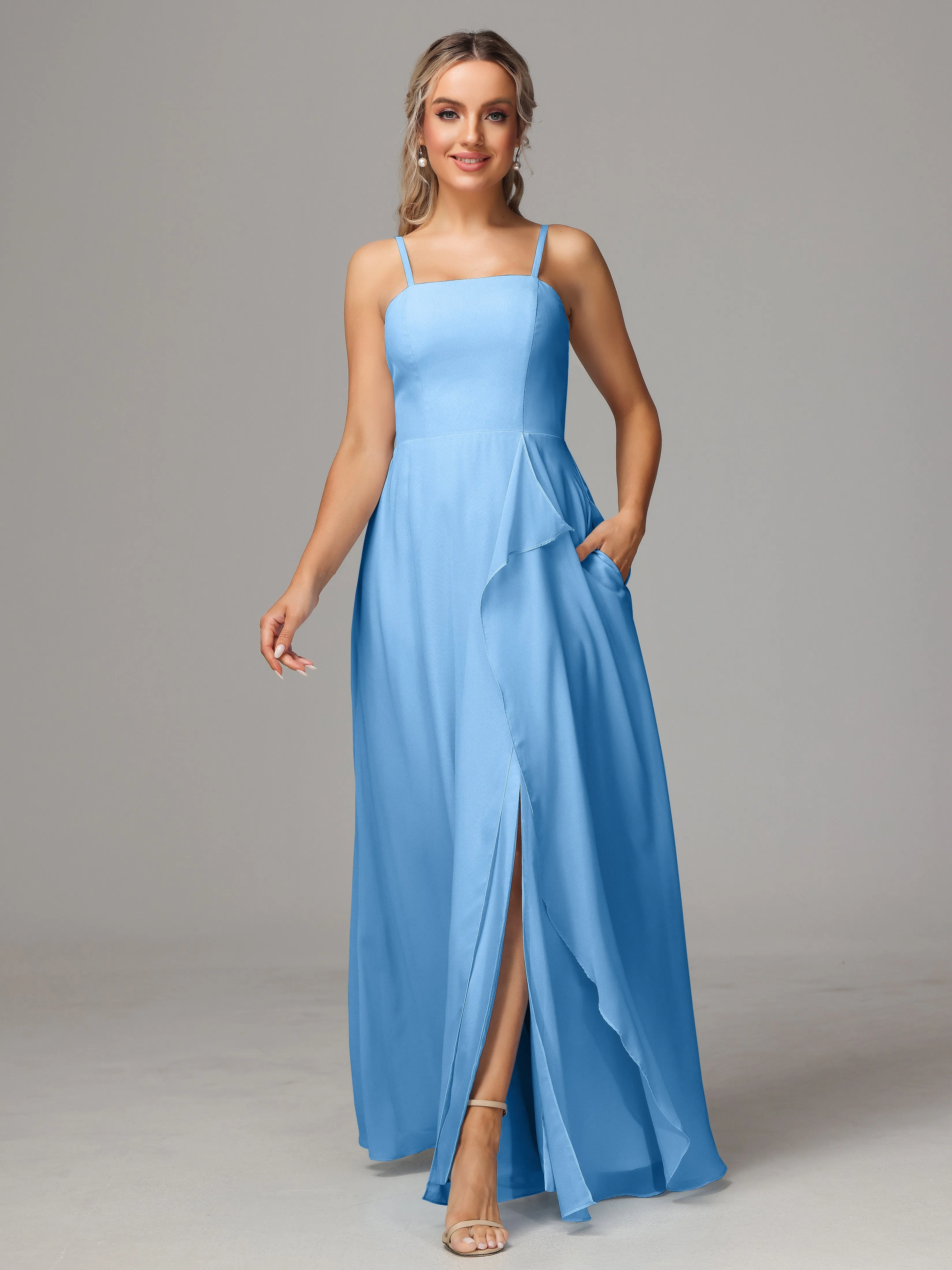 A-Line Ruffles Spaghetti Straps Chiffon Bridesmaid Dresses With Split