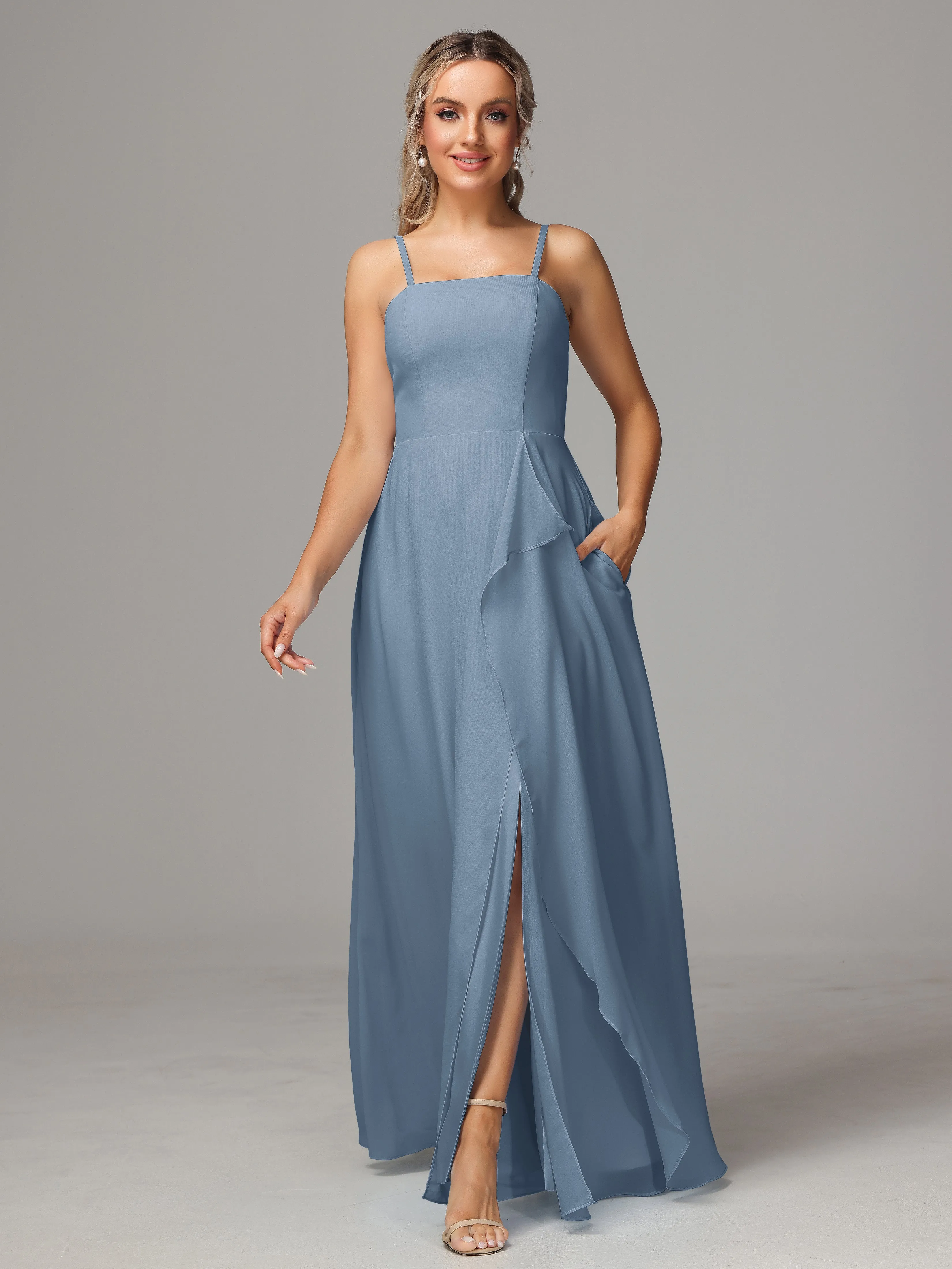 A-Line Ruffles Spaghetti Straps Chiffon Bridesmaid Dresses With Split