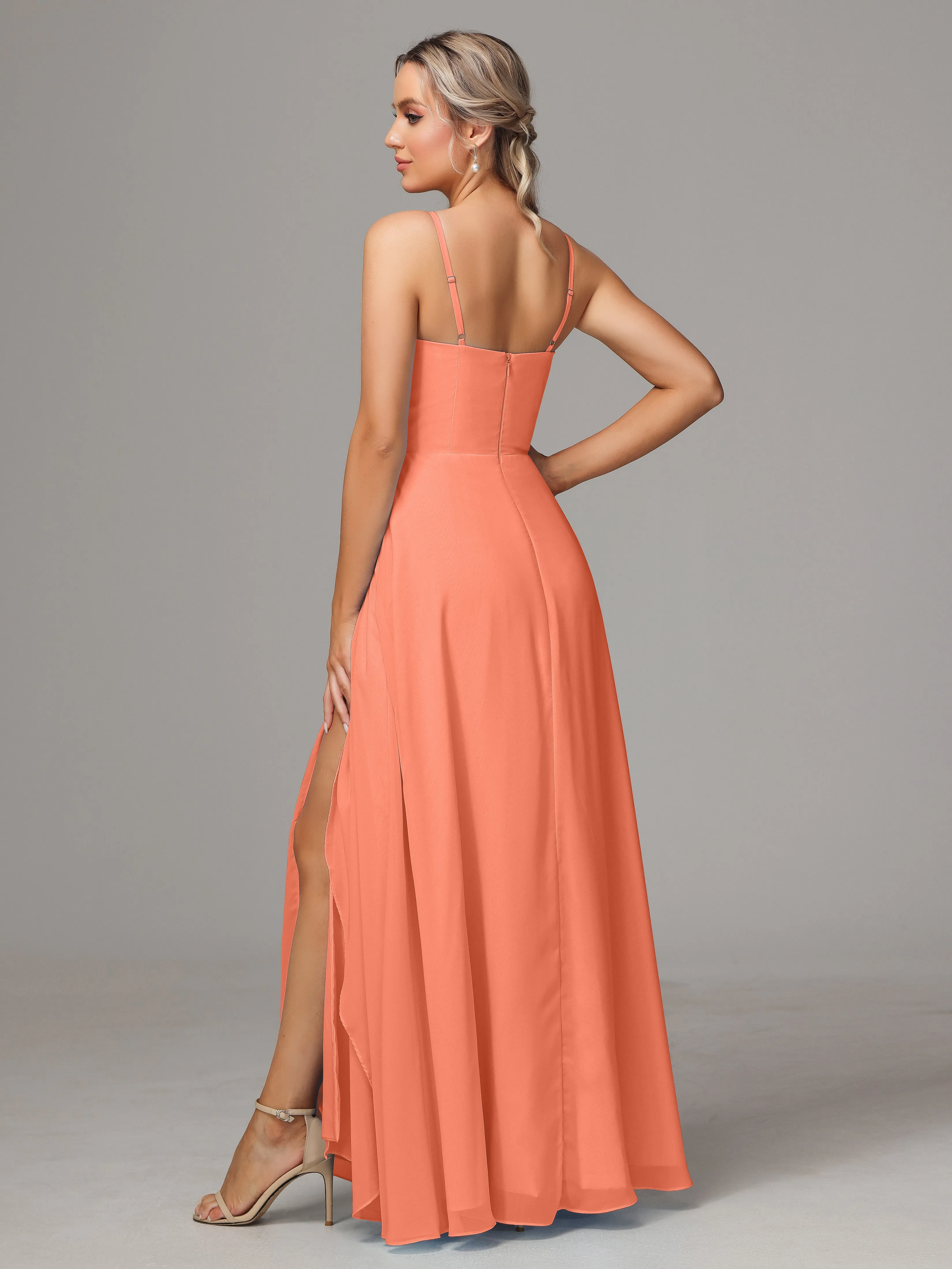 A-Line Ruffles Spaghetti Straps Chiffon Bridesmaid Dresses With Split