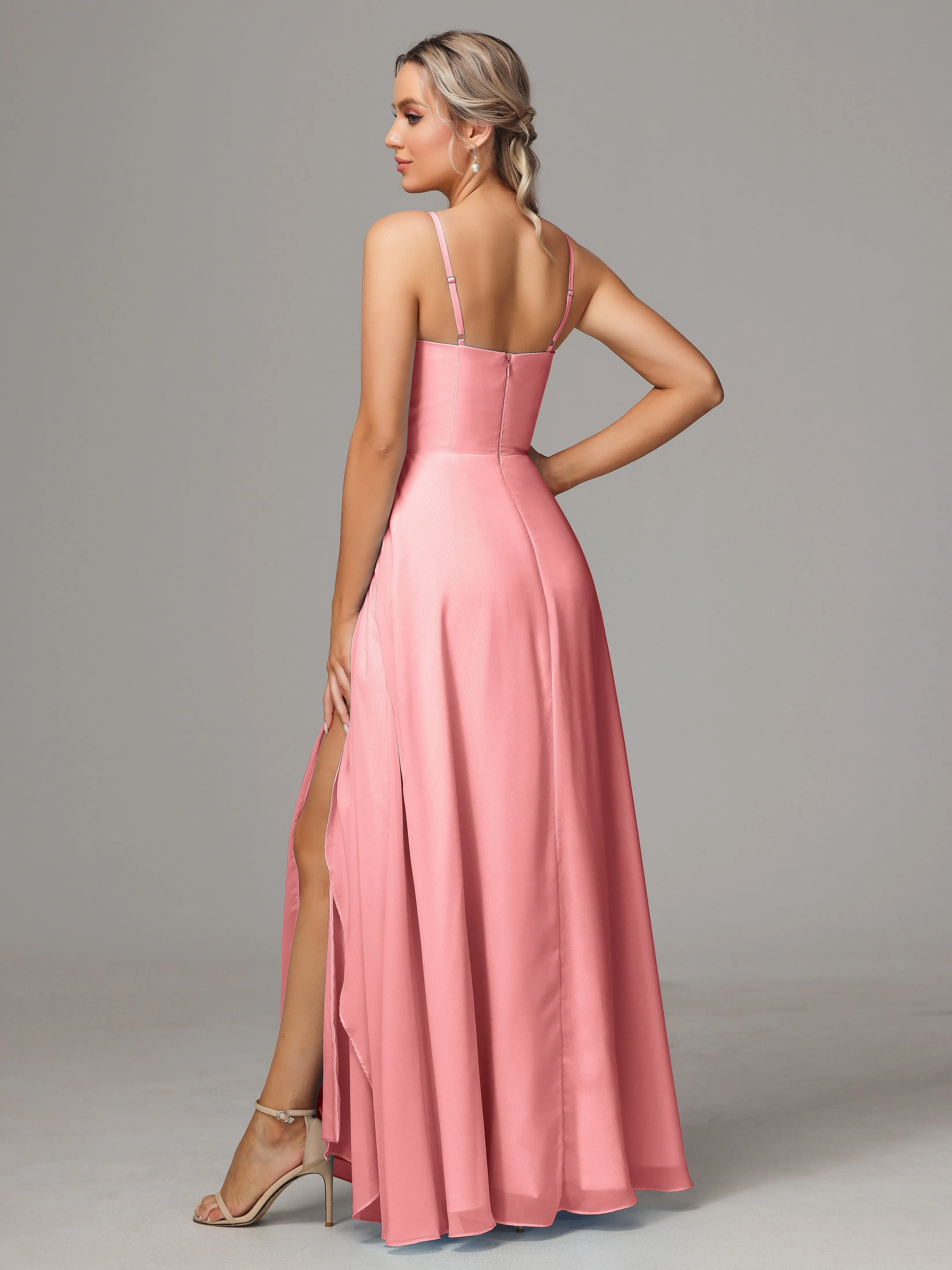 A-Line Ruffles Spaghetti Straps Chiffon Bridesmaid Dresses With Split