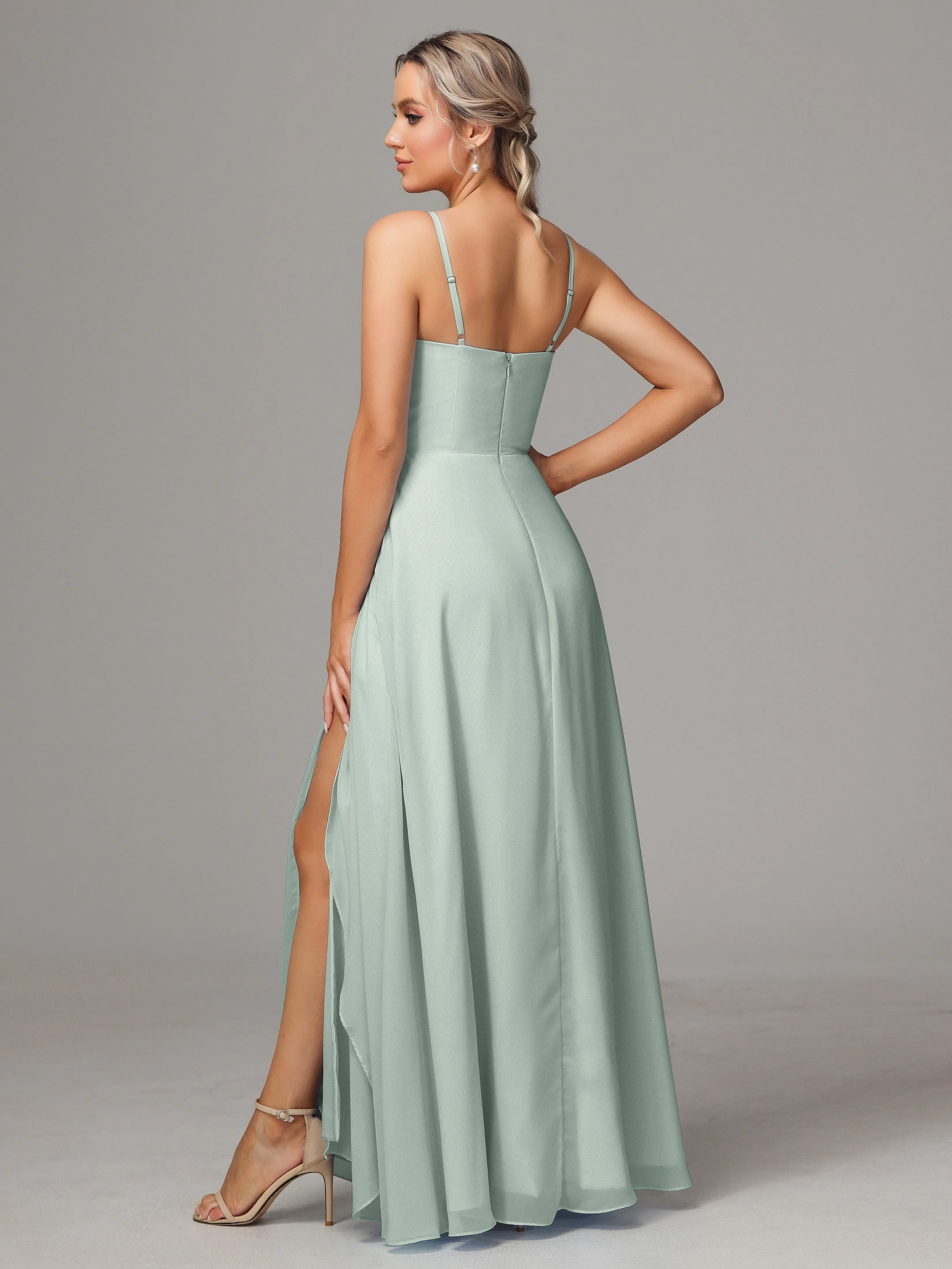 A-Line Ruffles Spaghetti Straps Chiffon Bridesmaid Dresses With Split