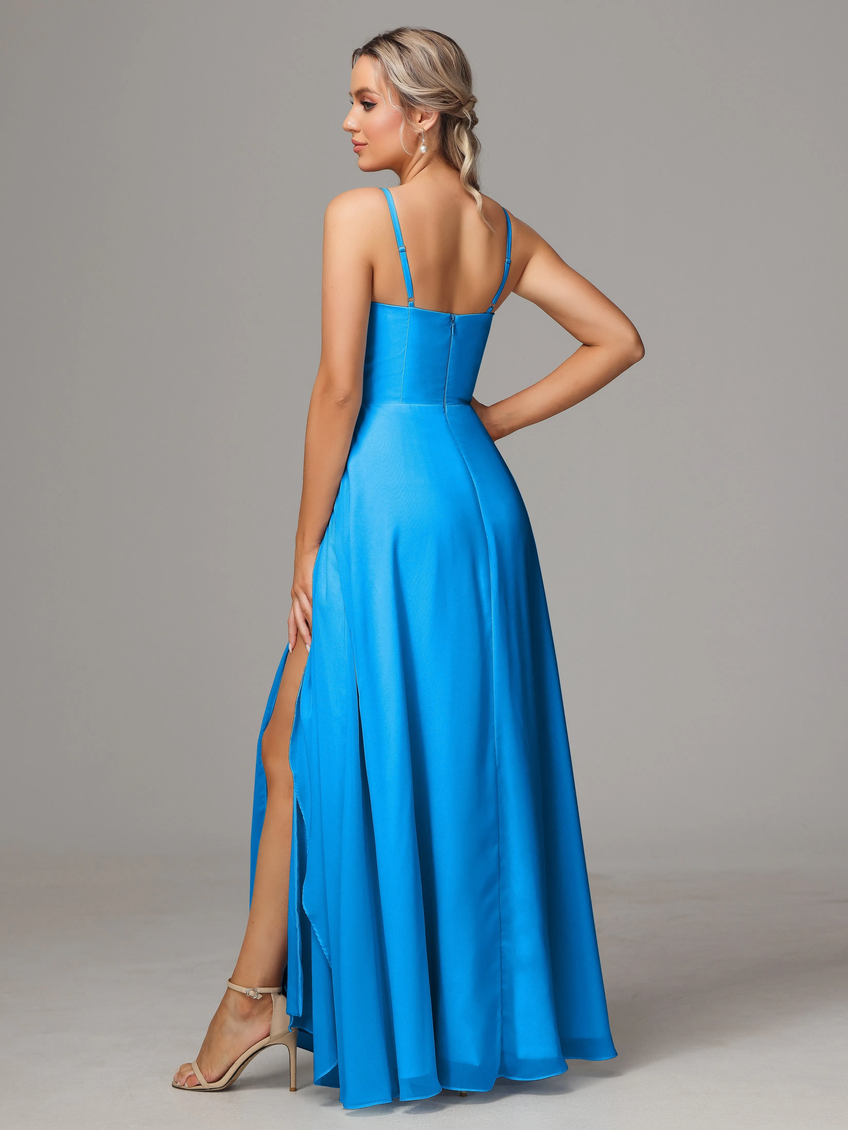 A-Line Ruffles Spaghetti Straps Chiffon Bridesmaid Dresses With Split