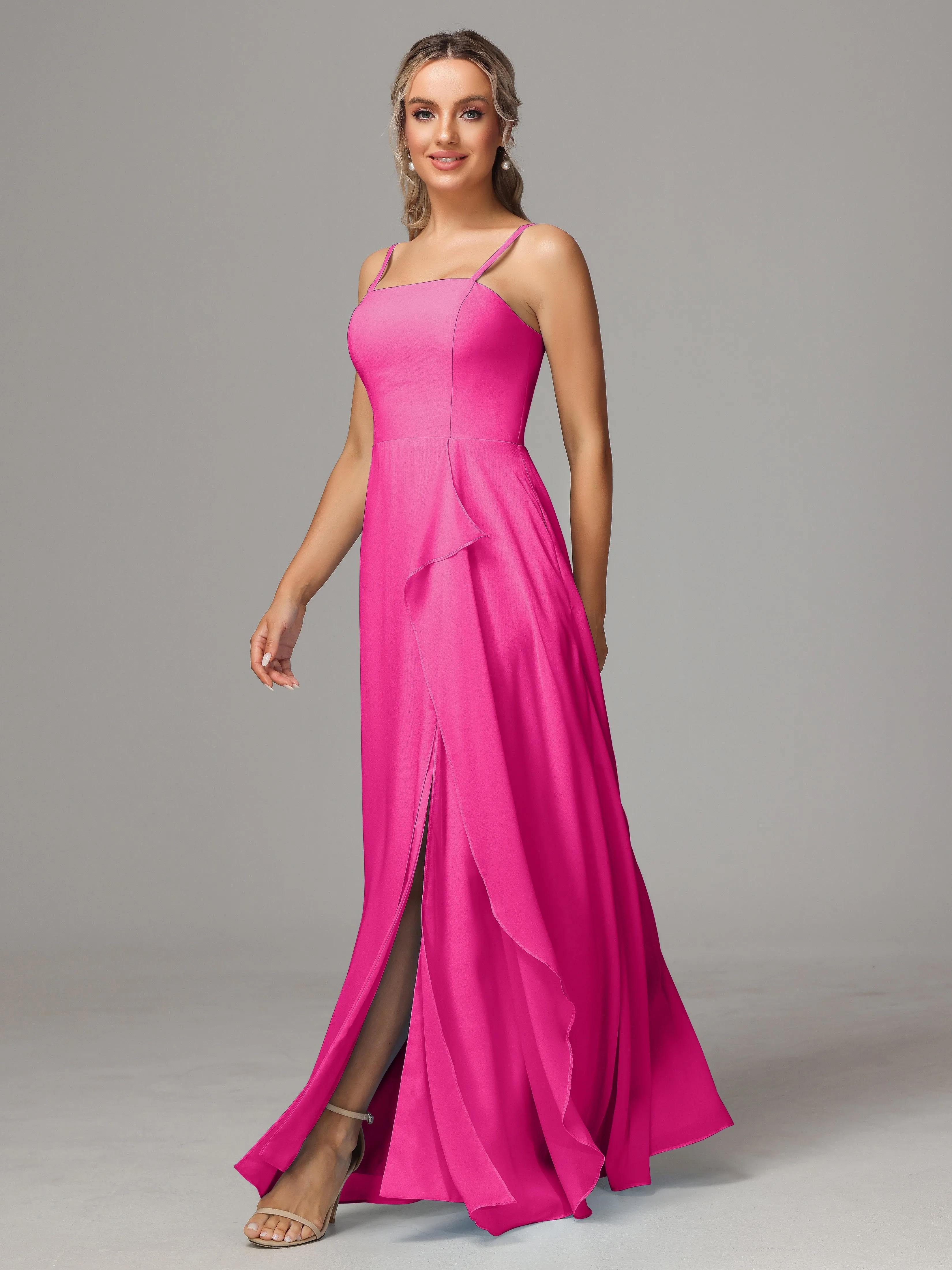 A-Line Ruffles Spaghetti Straps Chiffon Bridesmaid Dresses With Split