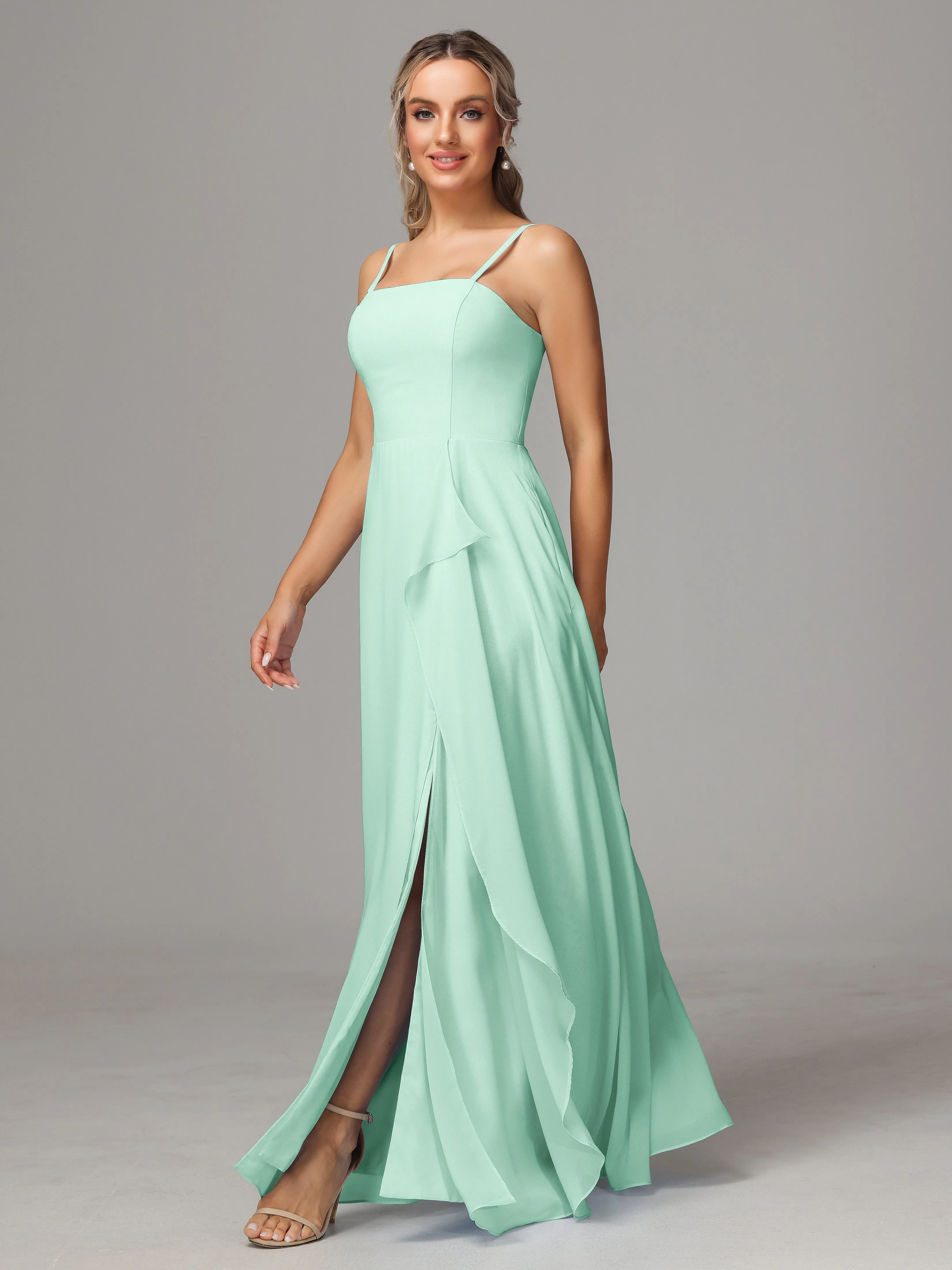 A-Line Ruffles Spaghetti Straps Chiffon Bridesmaid Dresses With Split