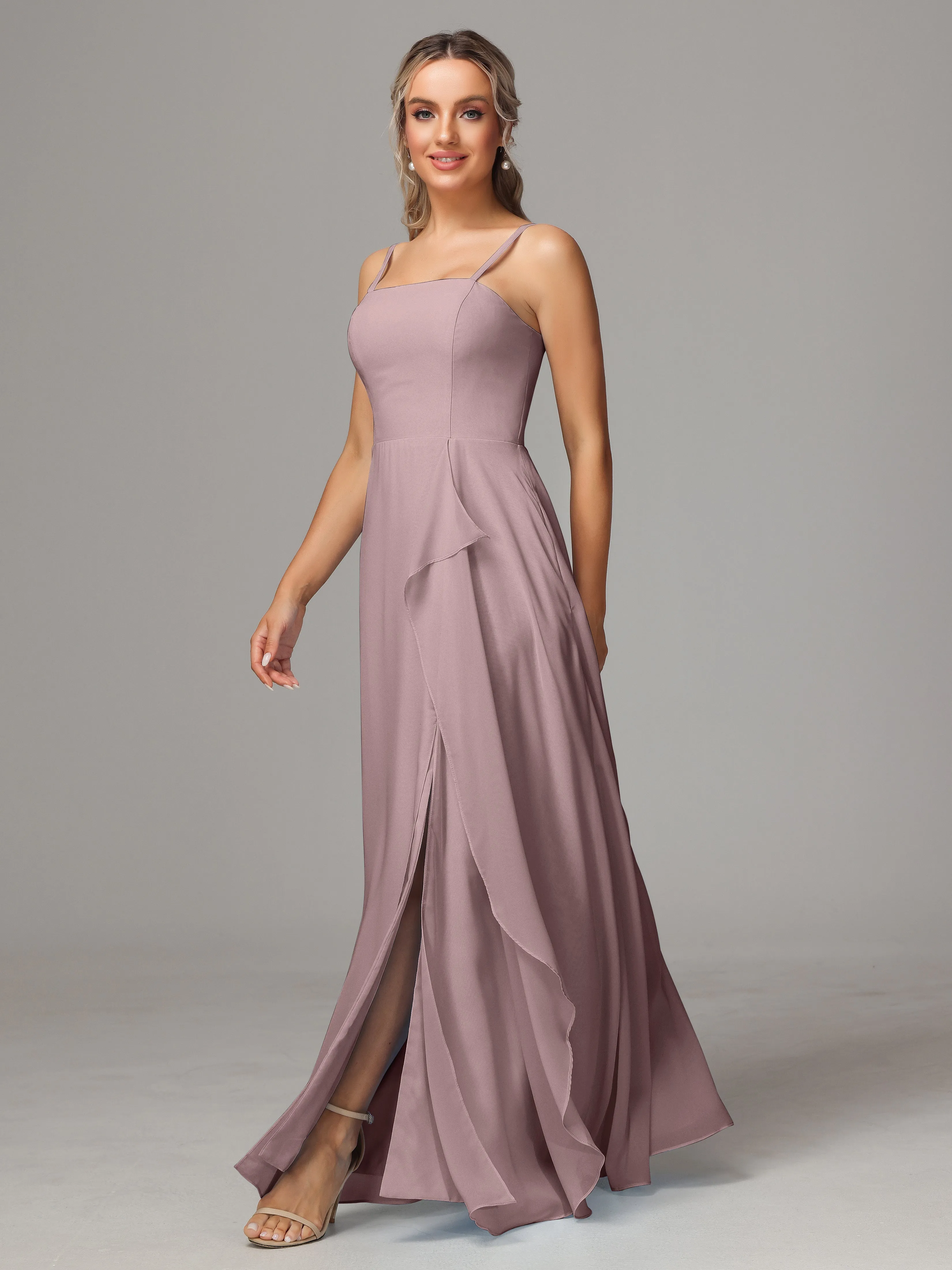 A-Line Ruffles Spaghetti Straps Chiffon Bridesmaid Dresses With Split