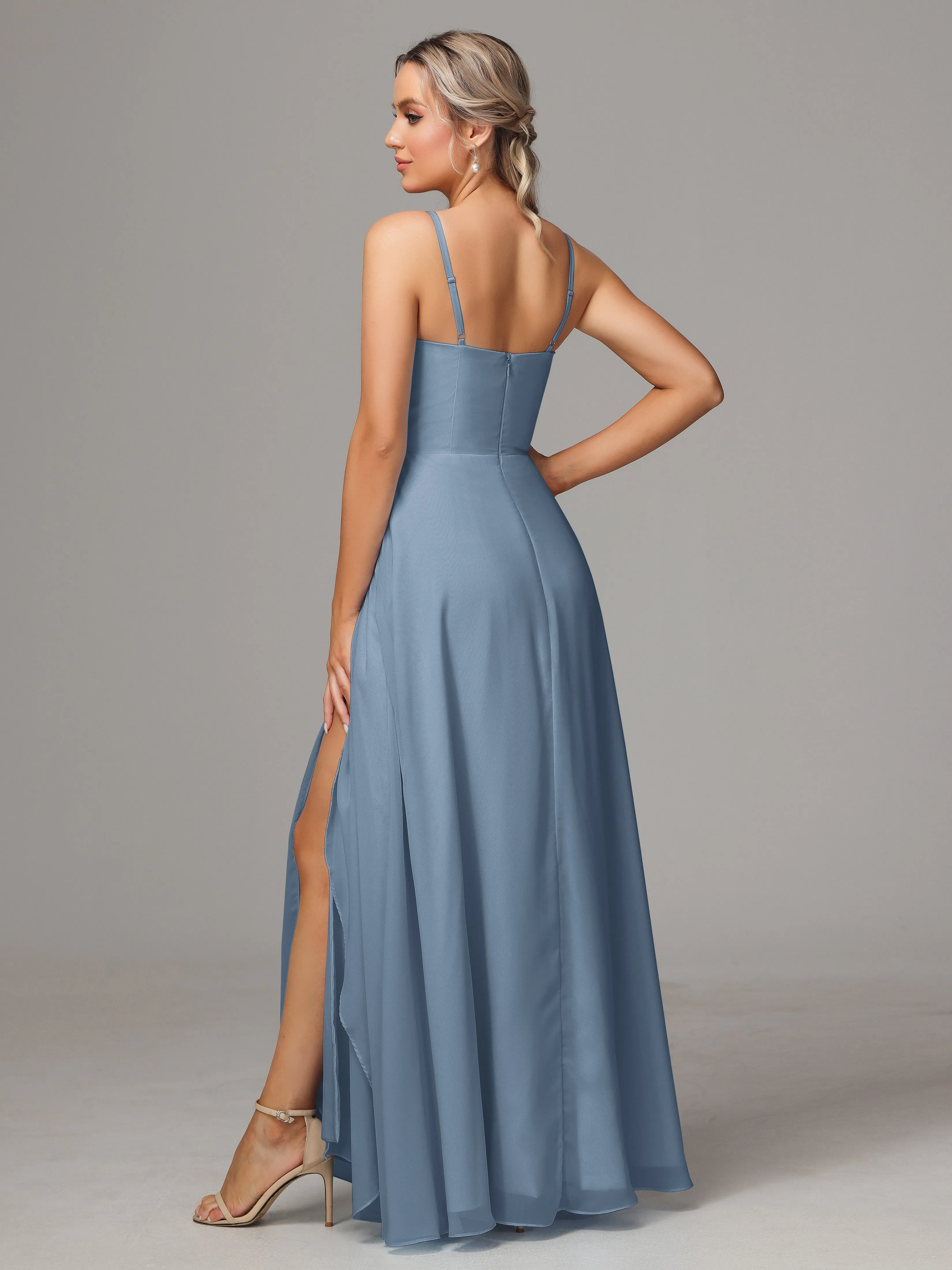 A-Line Ruffles Spaghetti Straps Chiffon Bridesmaid Dresses With Split