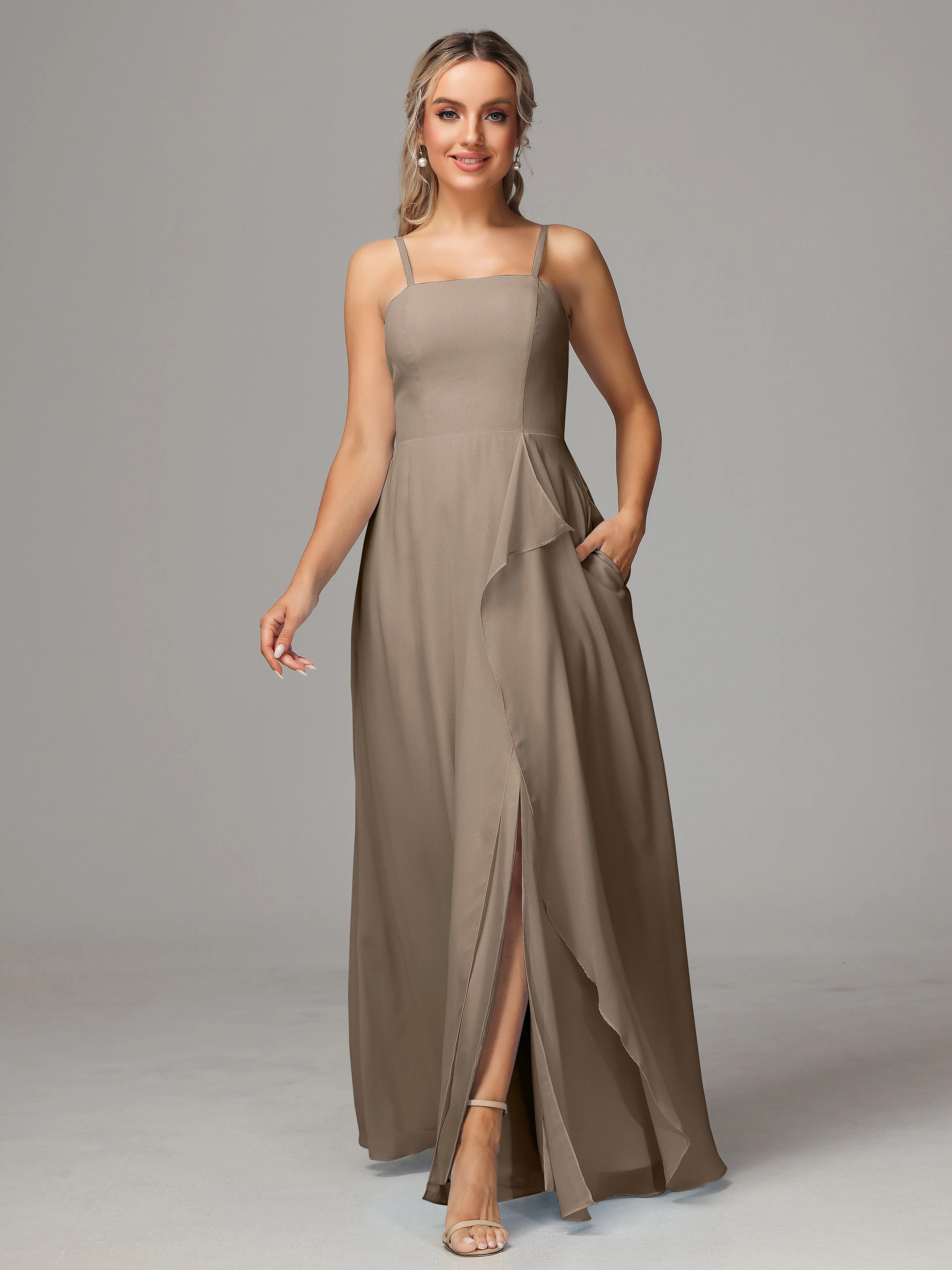 A-Line Ruffles Spaghetti Straps Chiffon Bridesmaid Dresses With Split