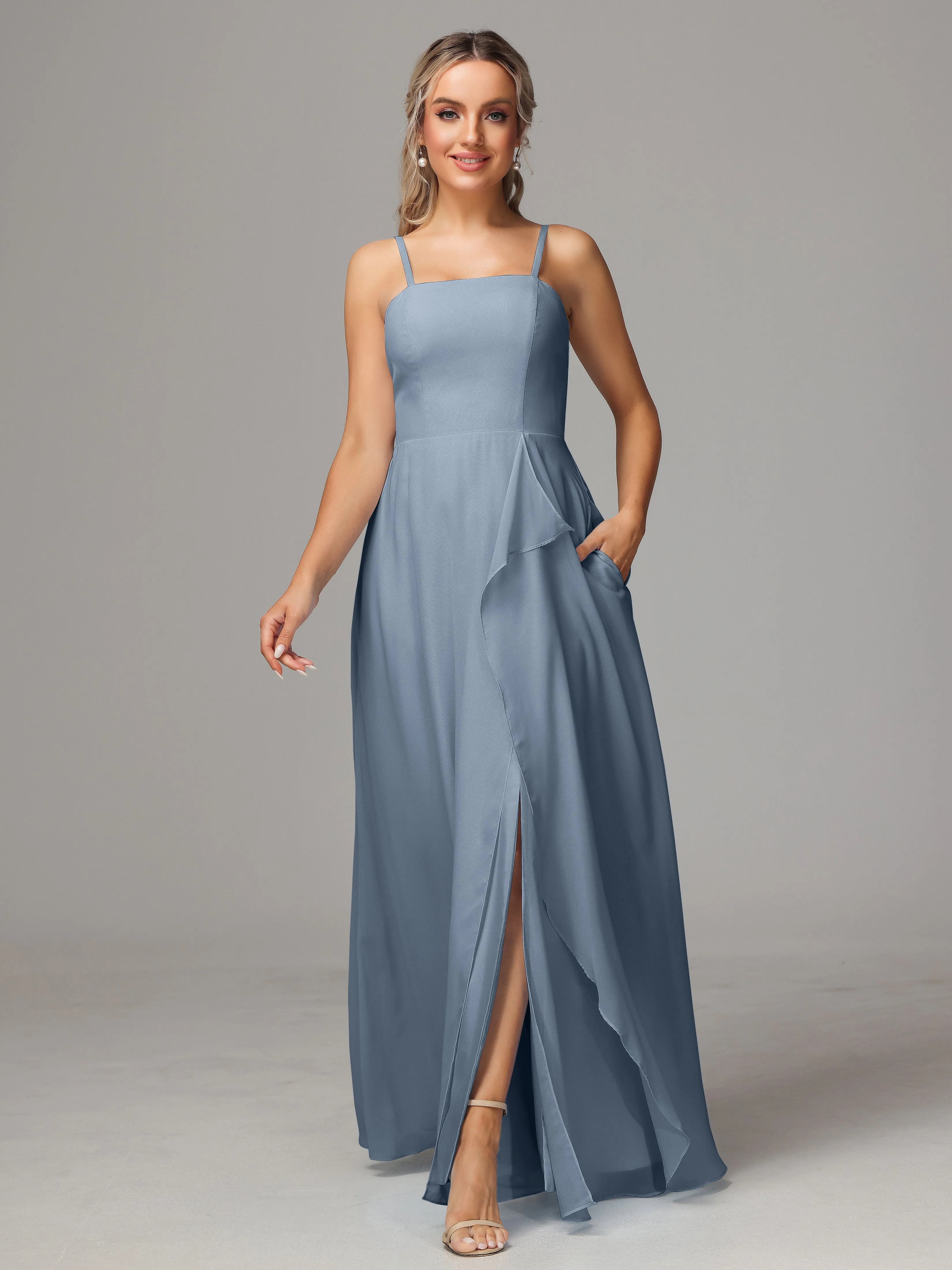 A-Line Ruffles Spaghetti Straps Chiffon Bridesmaid Dresses With Split