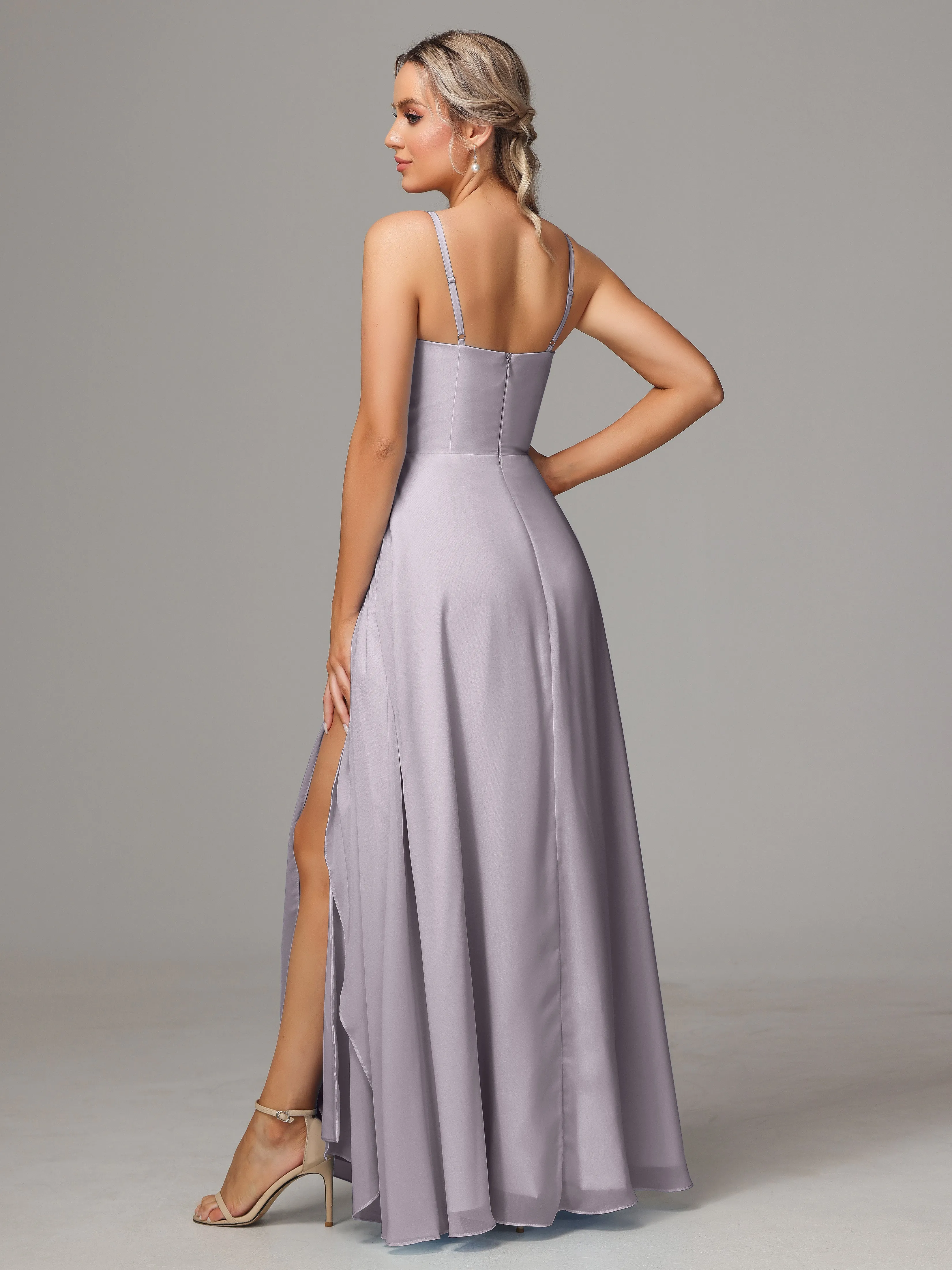 A-Line Ruffles Spaghetti Straps Chiffon Bridesmaid Dresses With Split