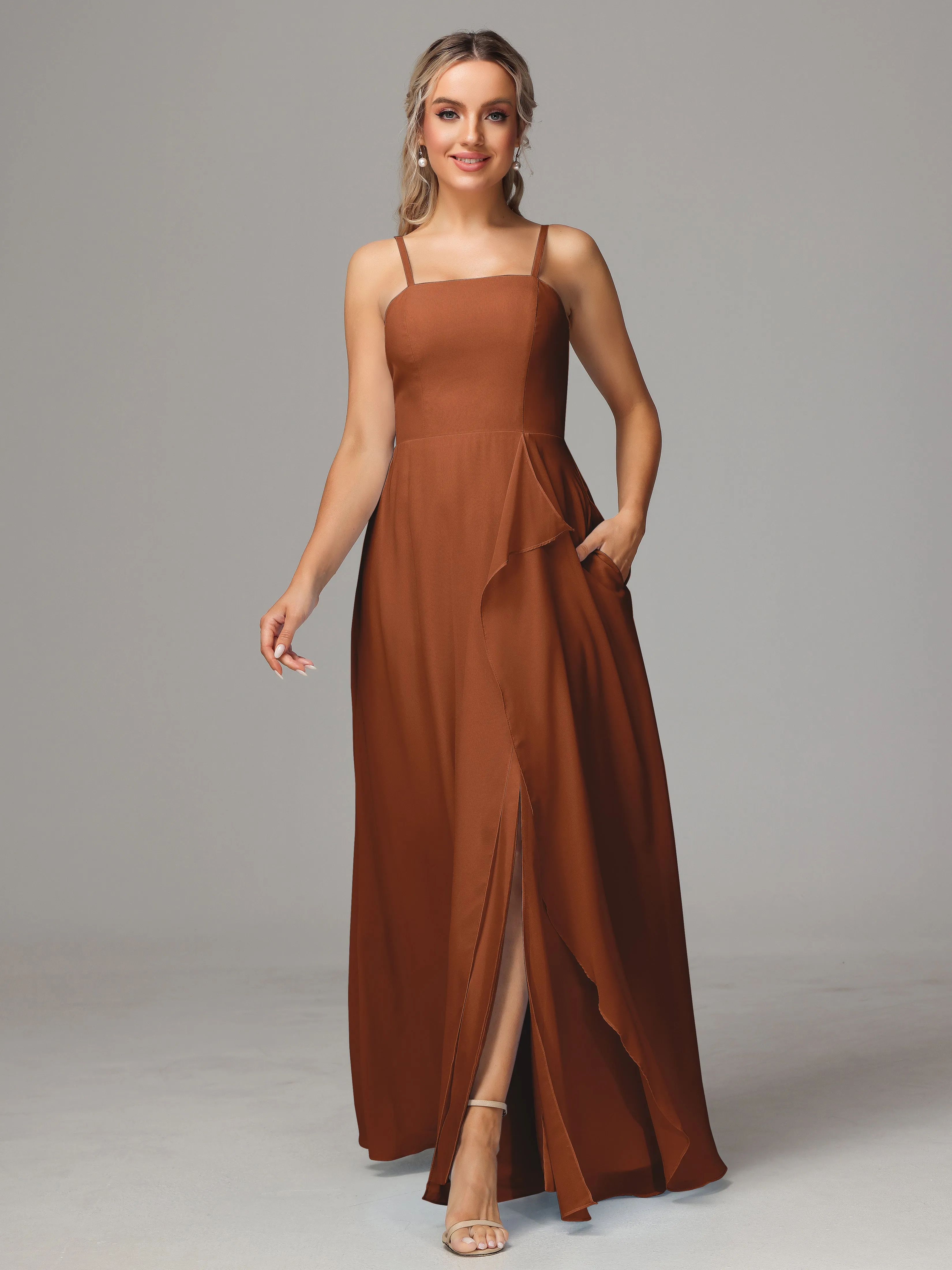 A-Line Ruffles Spaghetti Straps Chiffon Bridesmaid Dresses With Split