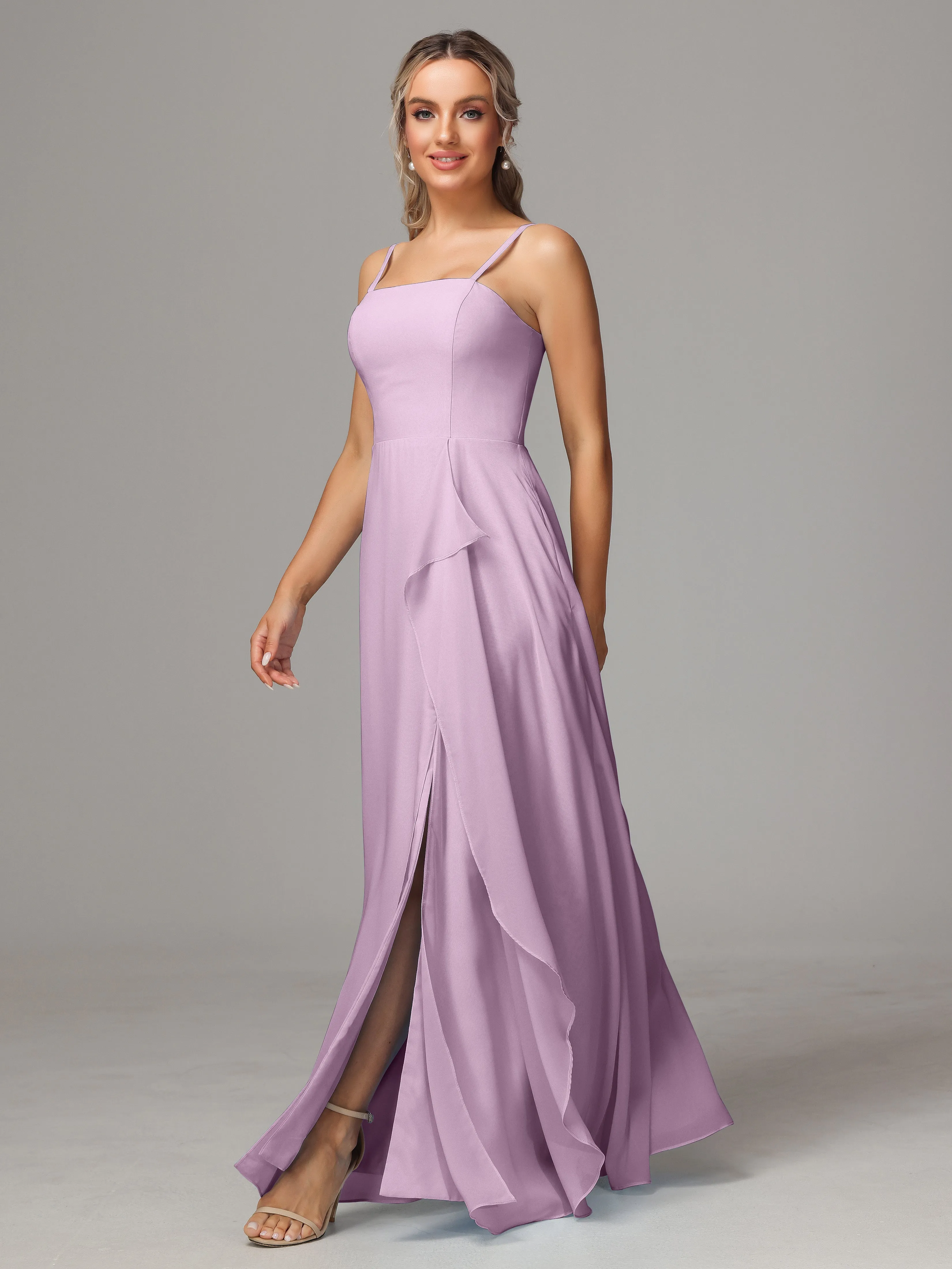 A-Line Ruffles Spaghetti Straps Chiffon Bridesmaid Dresses With Split