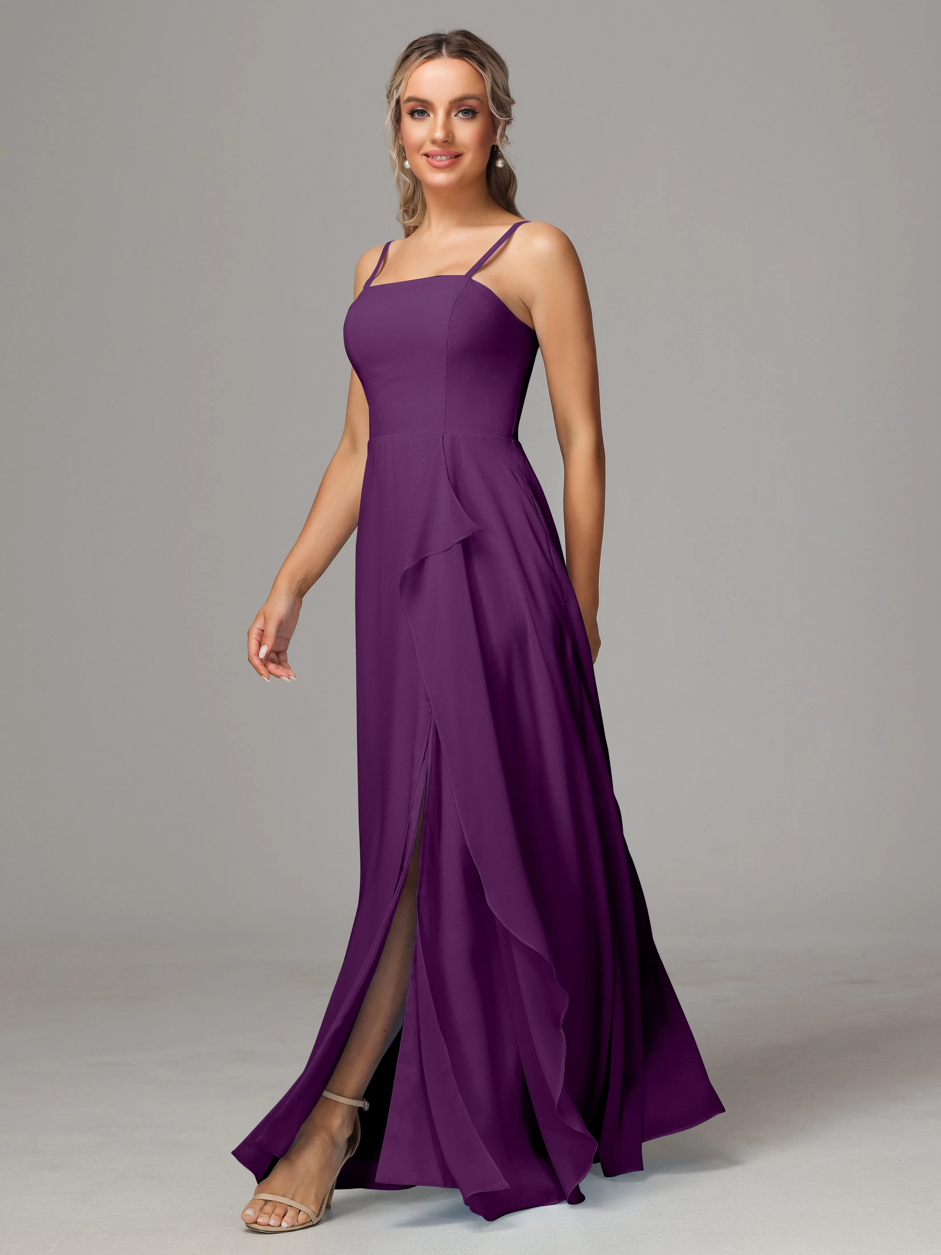 A-Line Ruffles Spaghetti Straps Chiffon Bridesmaid Dresses With Split