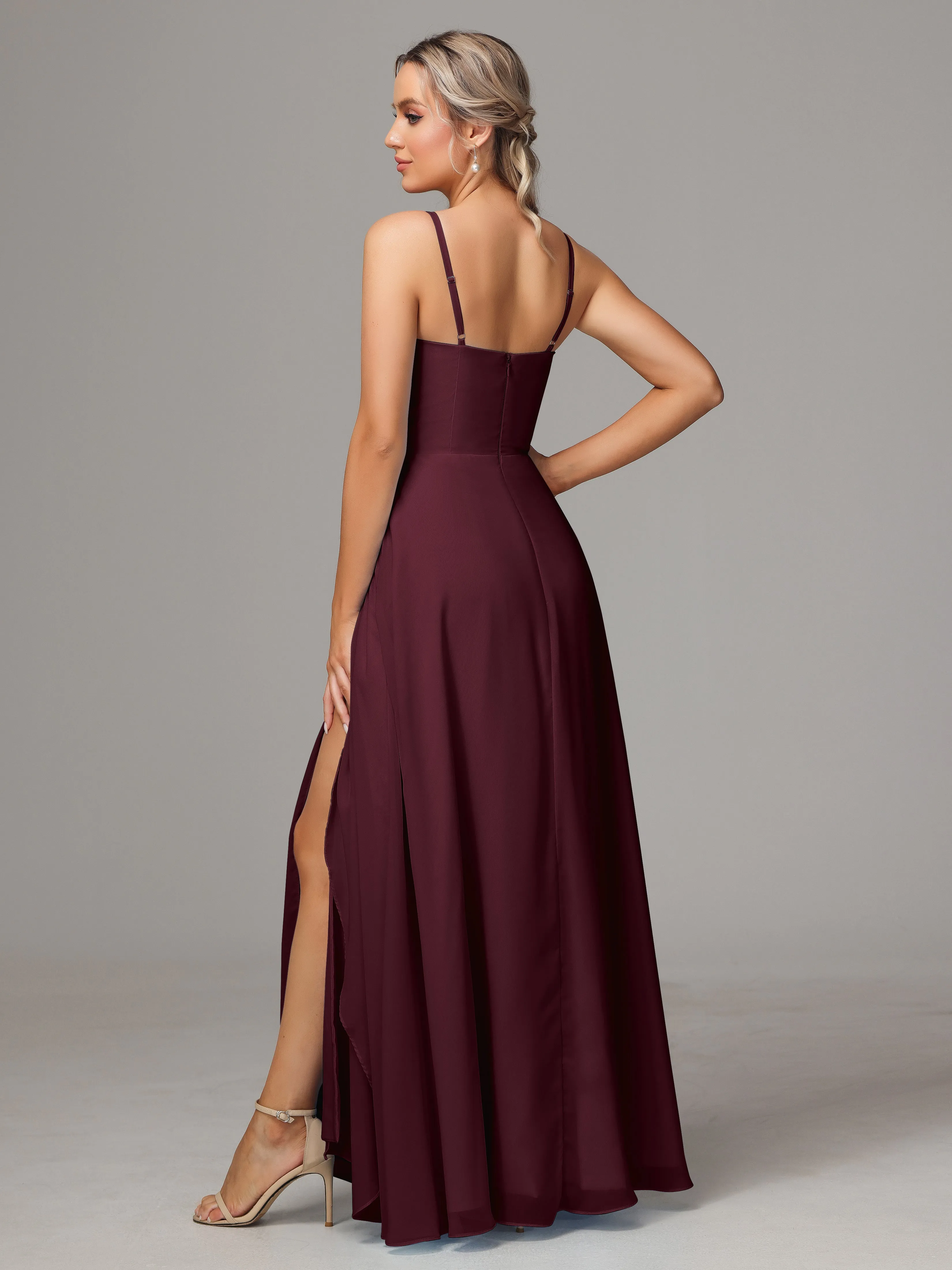 A-Line Ruffles Spaghetti Straps Chiffon Bridesmaid Dresses With Split