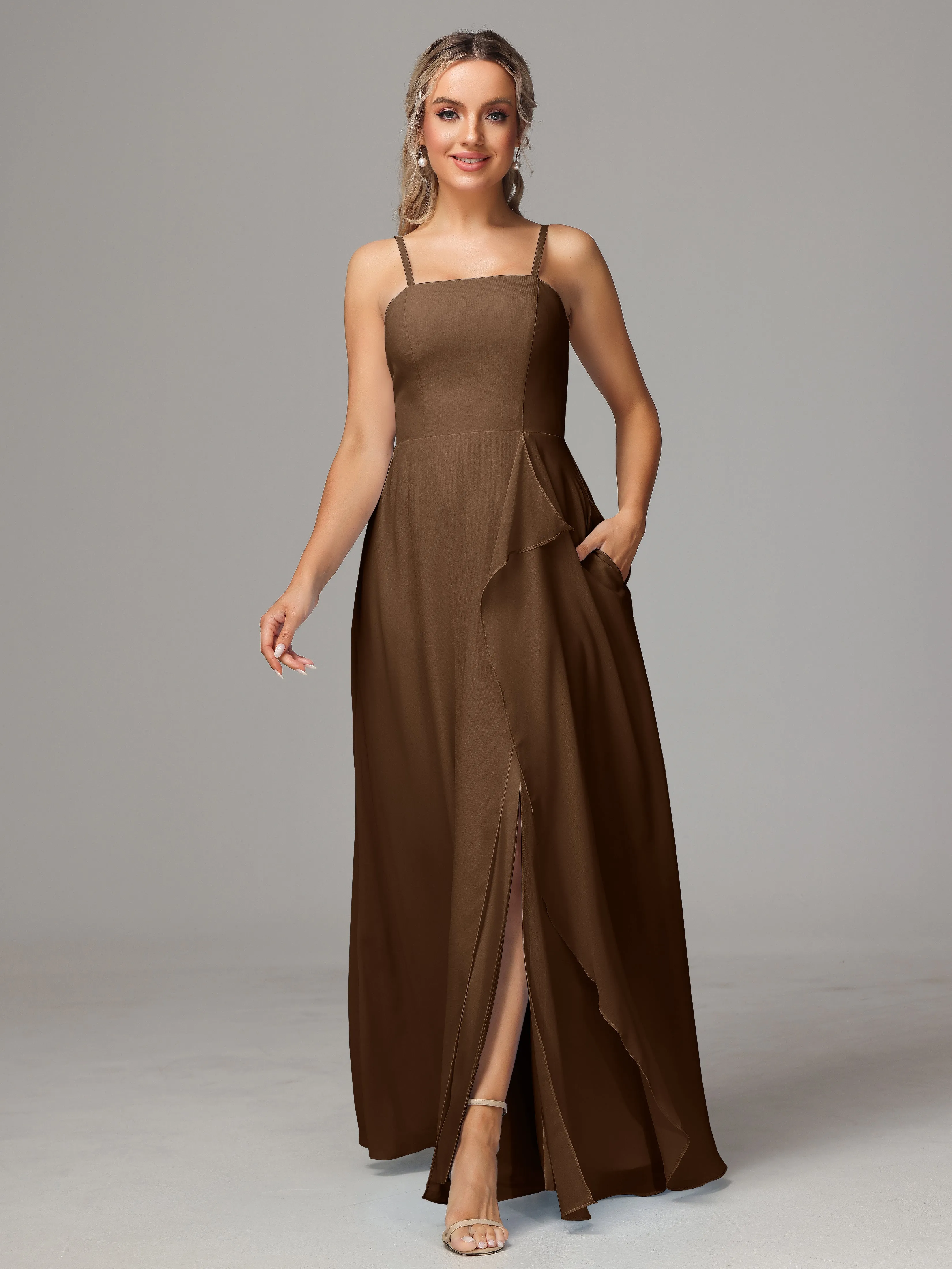 A-Line Ruffles Spaghetti Straps Chiffon Bridesmaid Dresses With Split