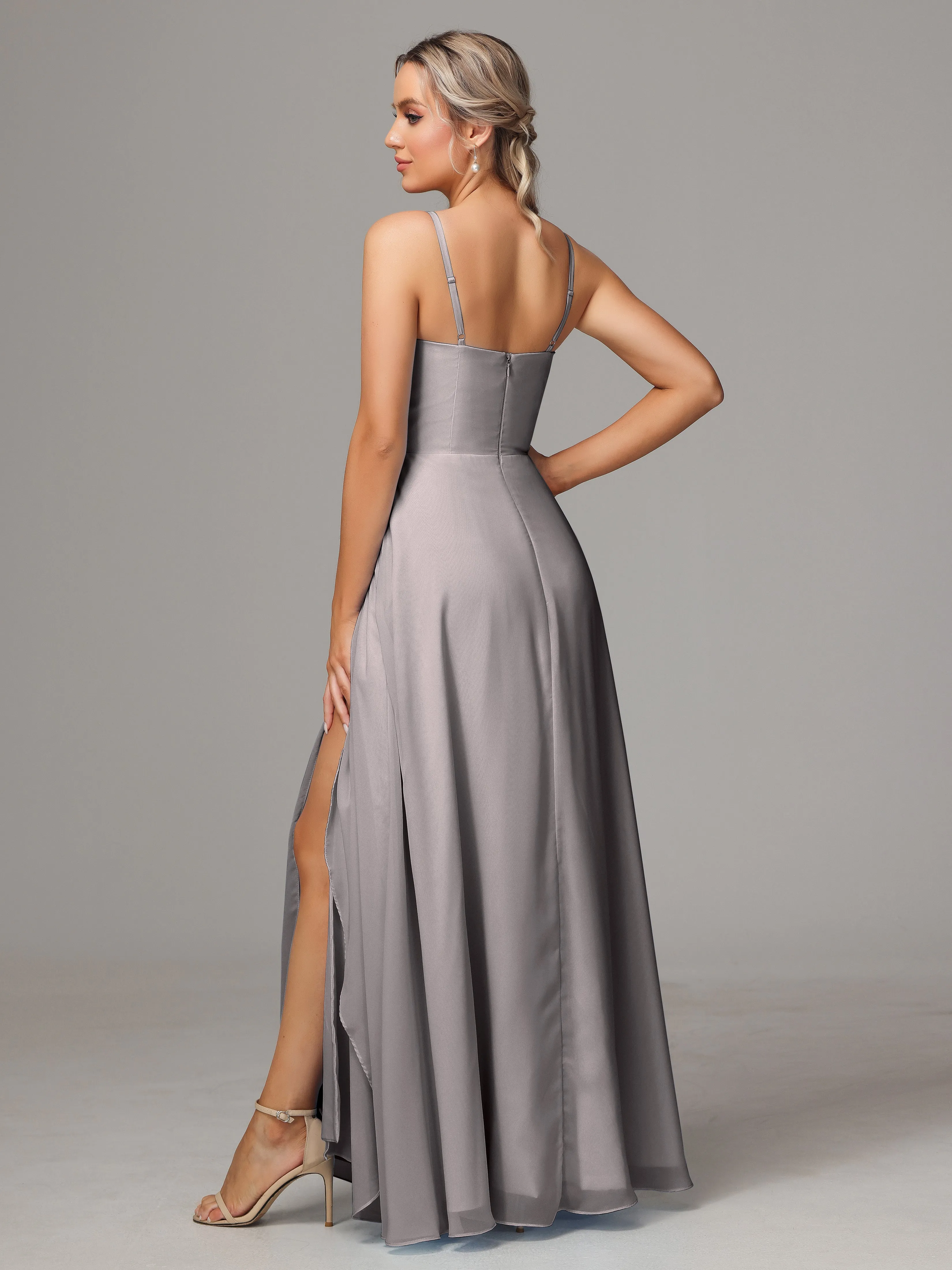 A-Line Ruffles Spaghetti Straps Chiffon Bridesmaid Dresses With Split