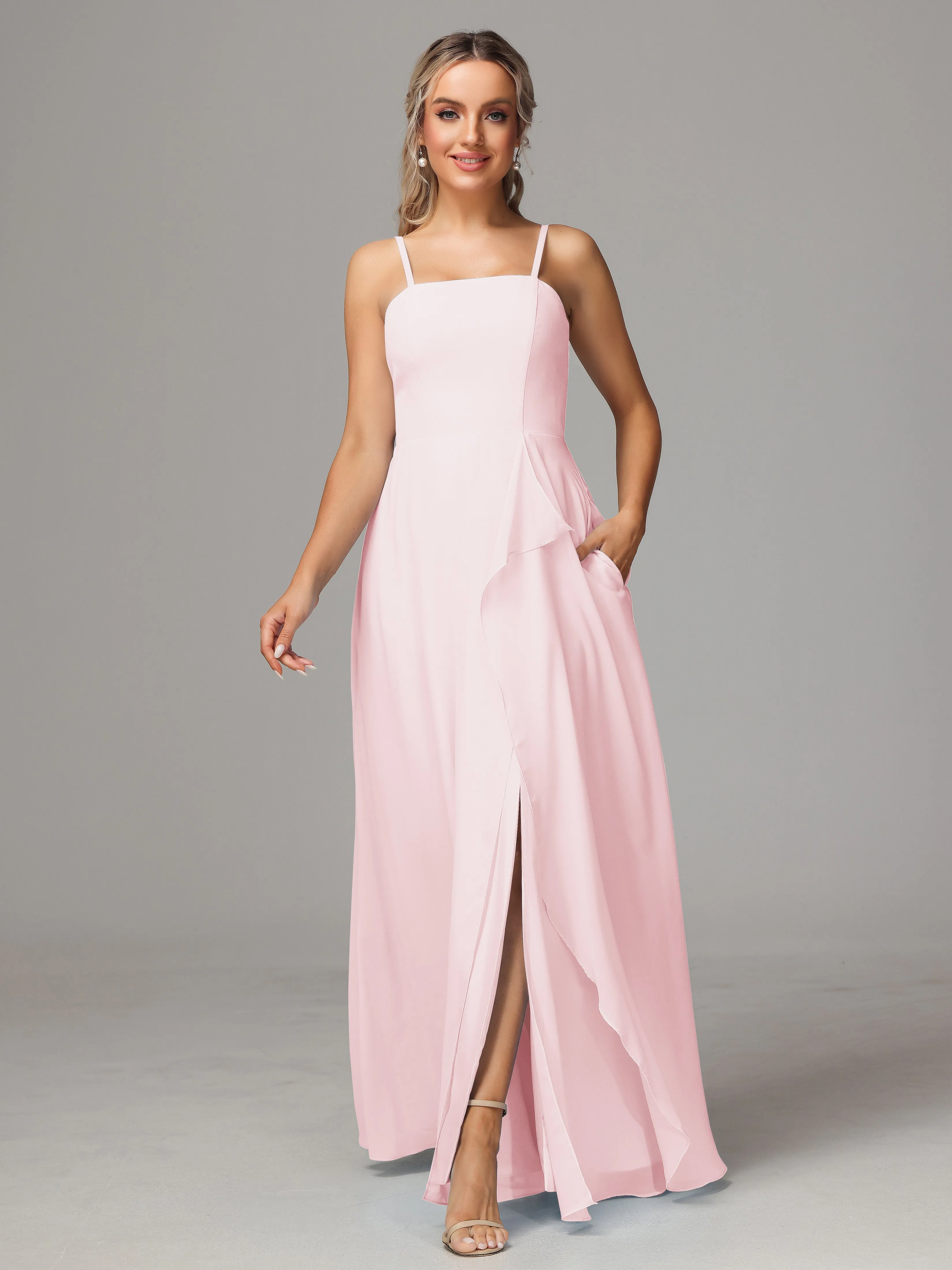 A-Line Ruffles Spaghetti Straps Chiffon Bridesmaid Dresses With Split