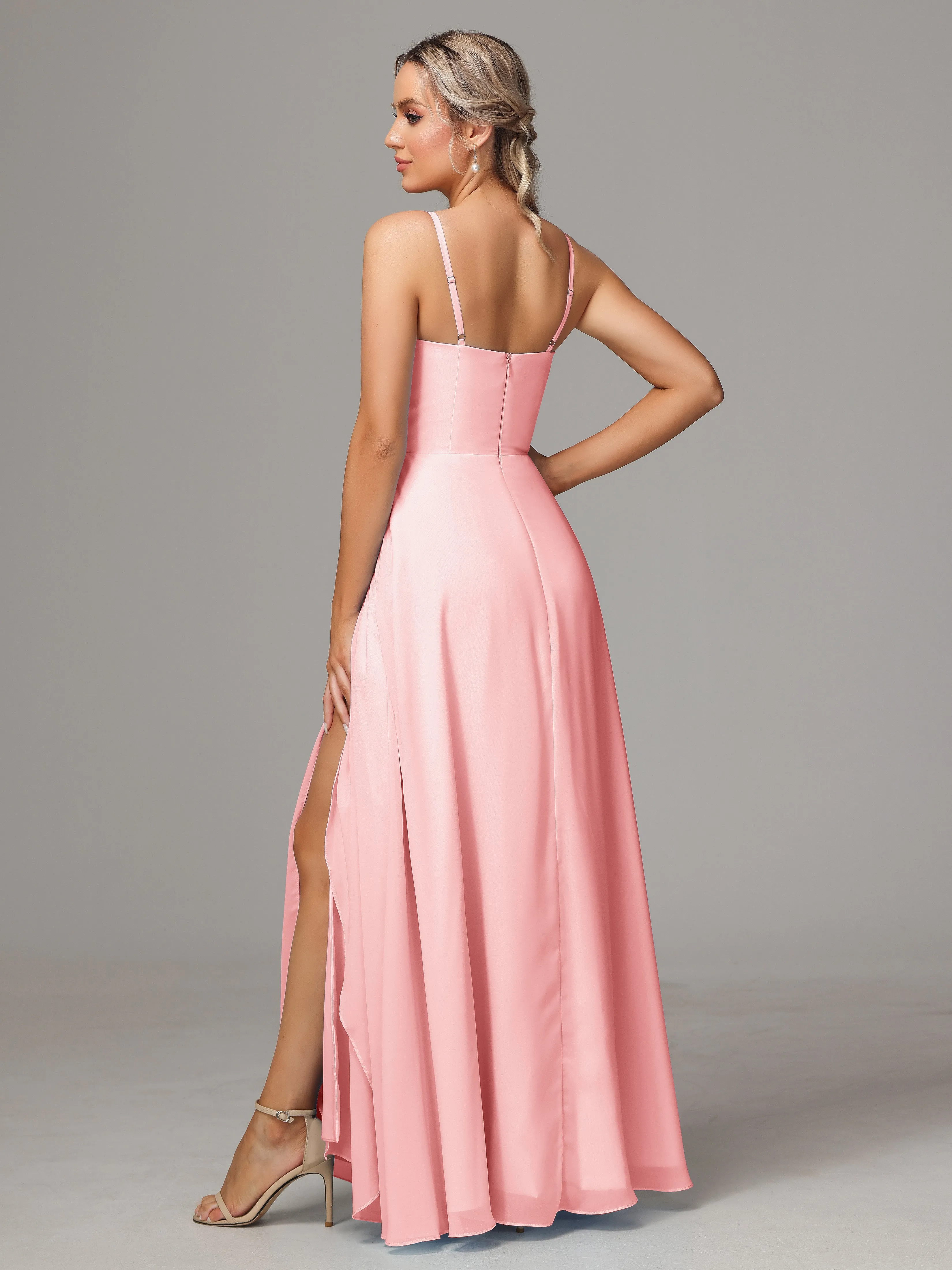 A-Line Ruffles Spaghetti Straps Chiffon Bridesmaid Dresses With Split