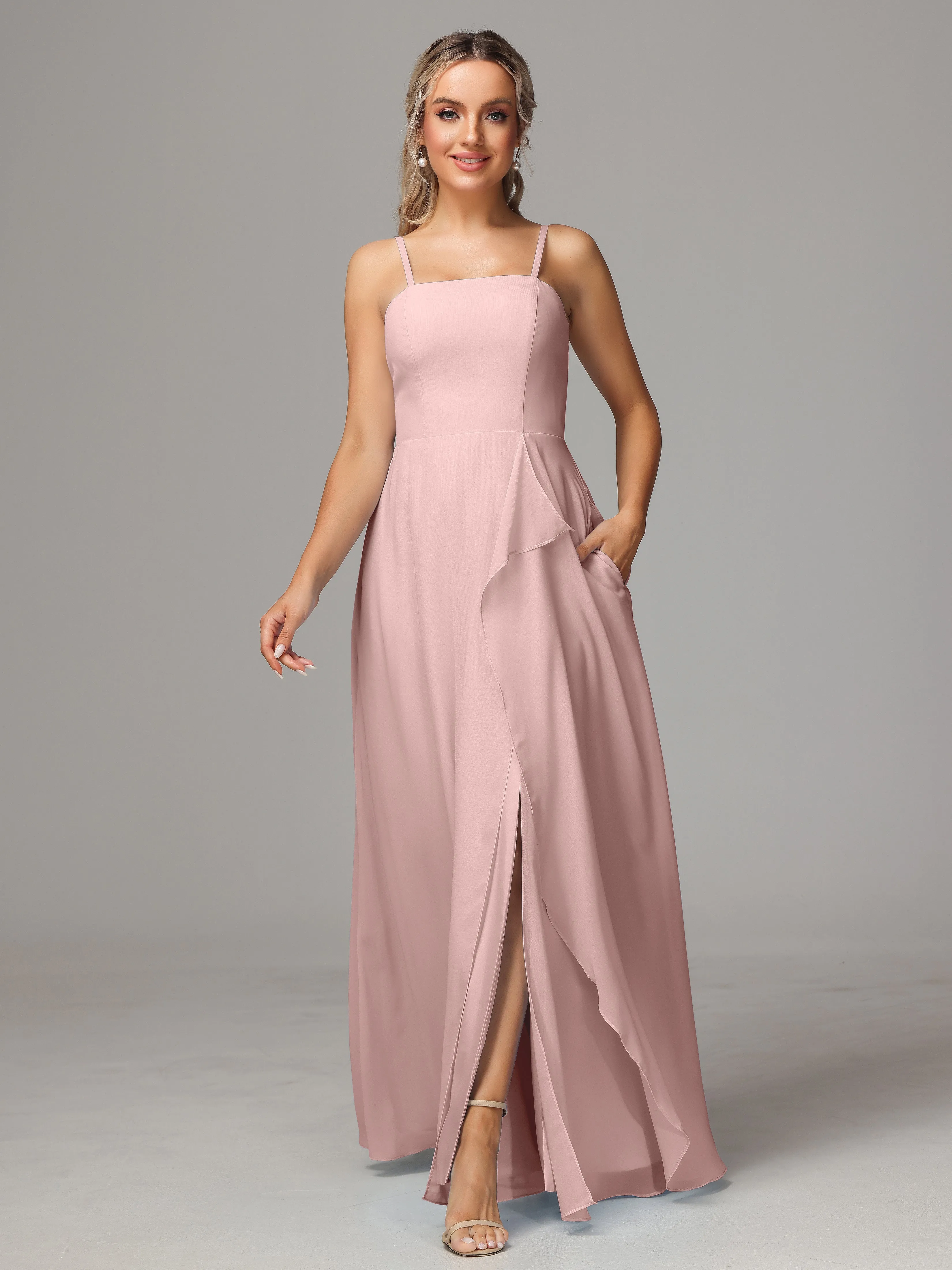 A-Line Ruffles Spaghetti Straps Chiffon Bridesmaid Dresses With Split