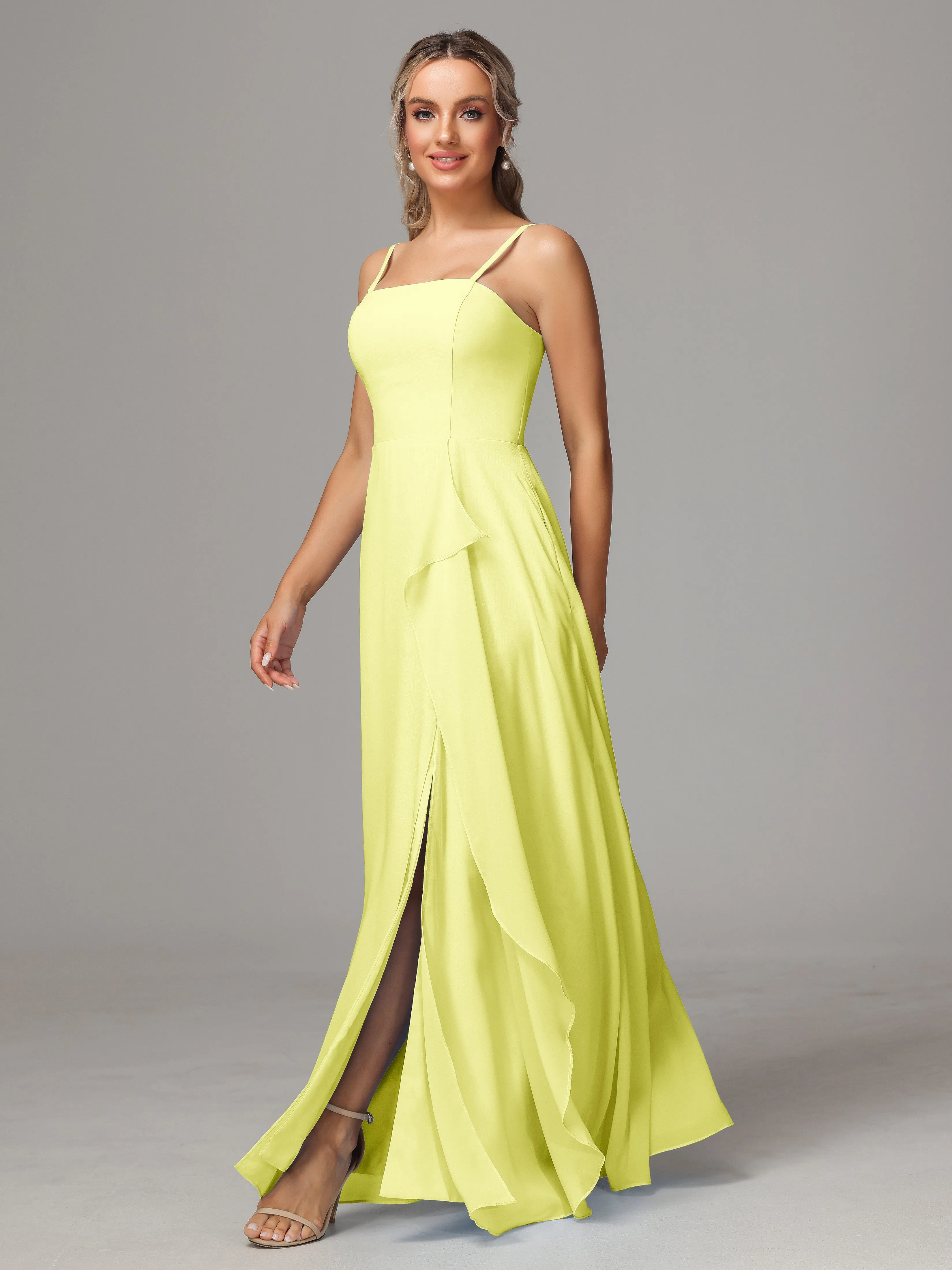 A-Line Ruffles Spaghetti Straps Chiffon Bridesmaid Dresses With Split