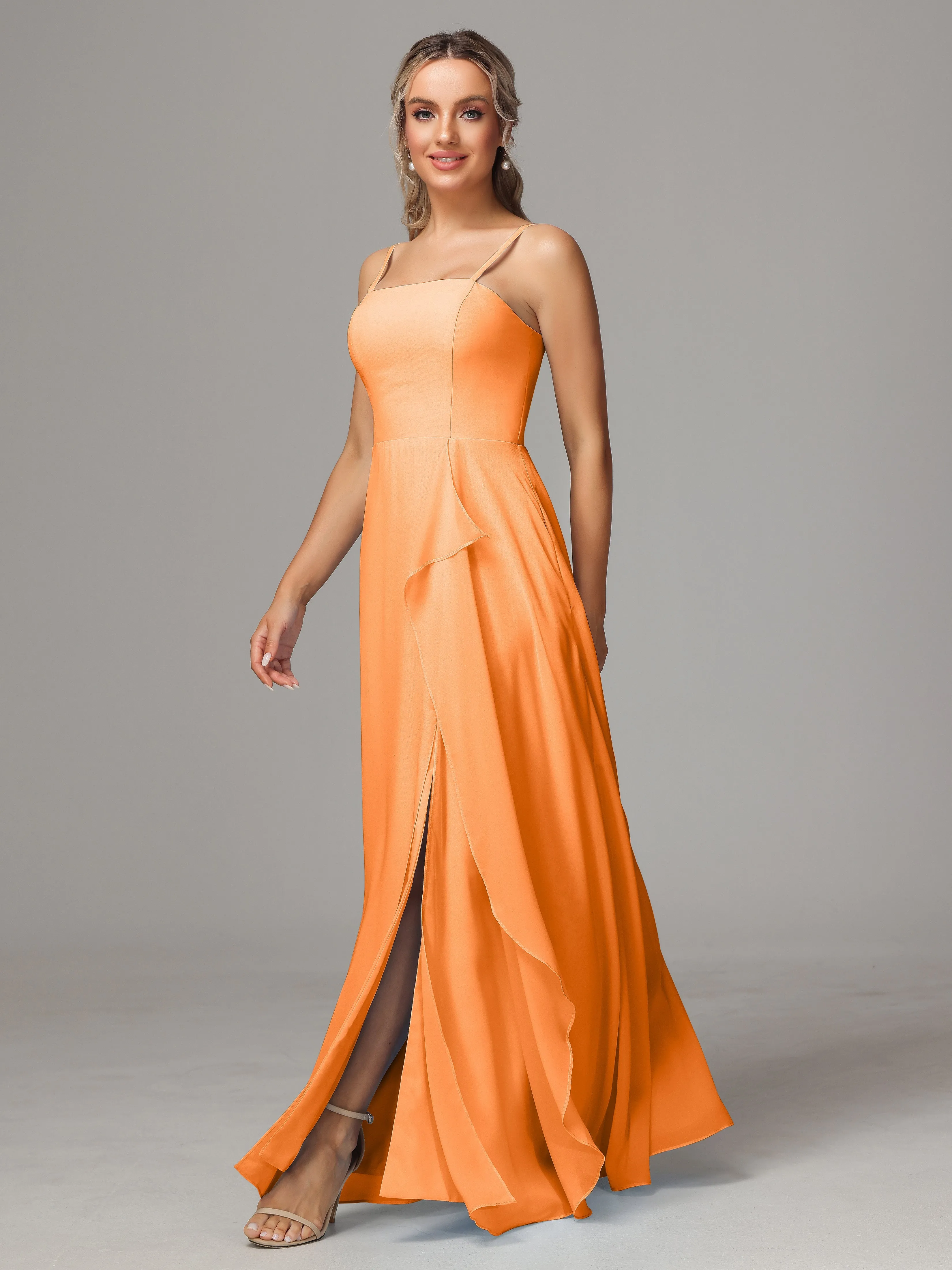 A-Line Ruffles Spaghetti Straps Chiffon Bridesmaid Dresses With Split