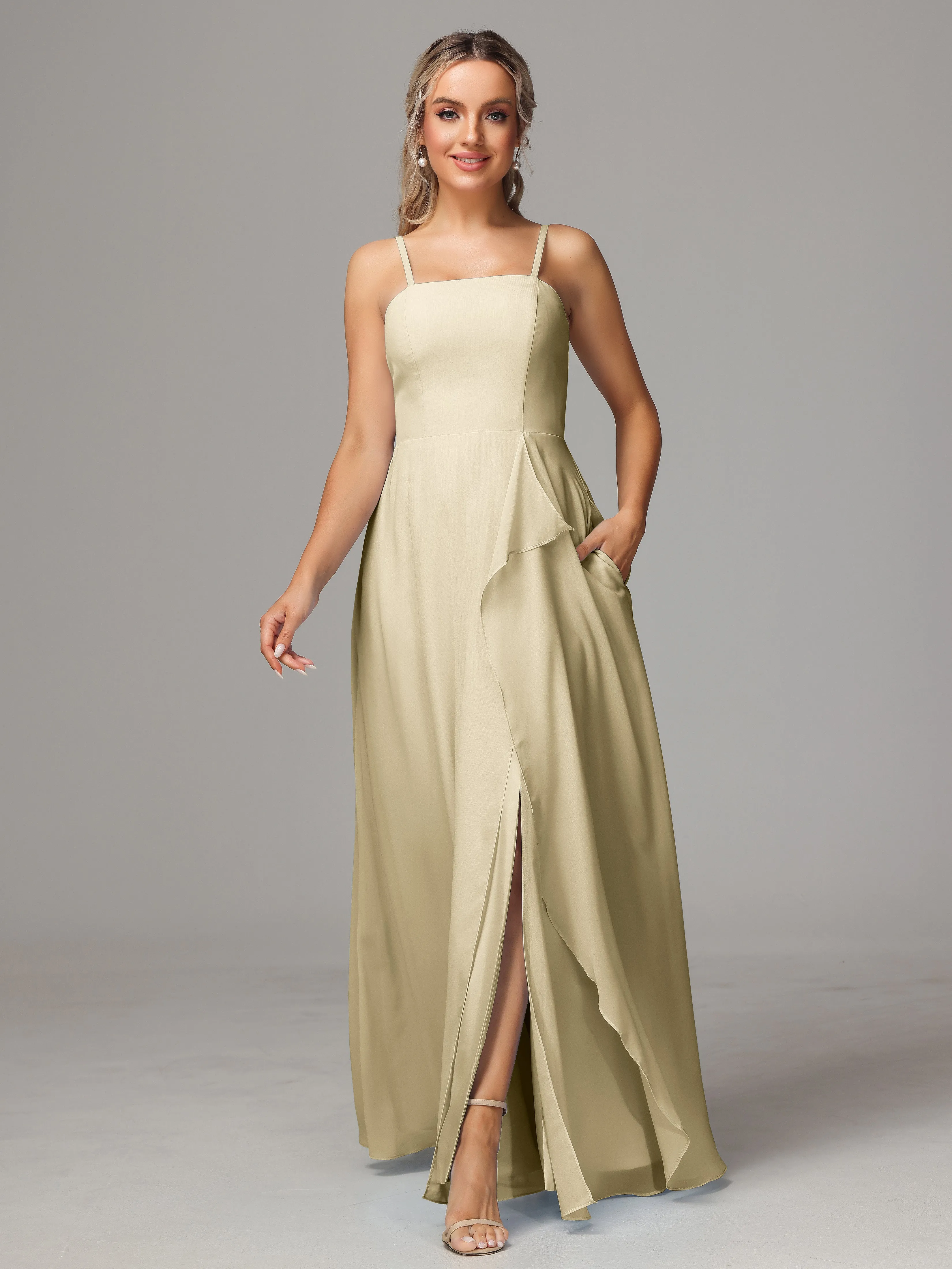 A-Line Ruffles Spaghetti Straps Chiffon Bridesmaid Dresses With Split