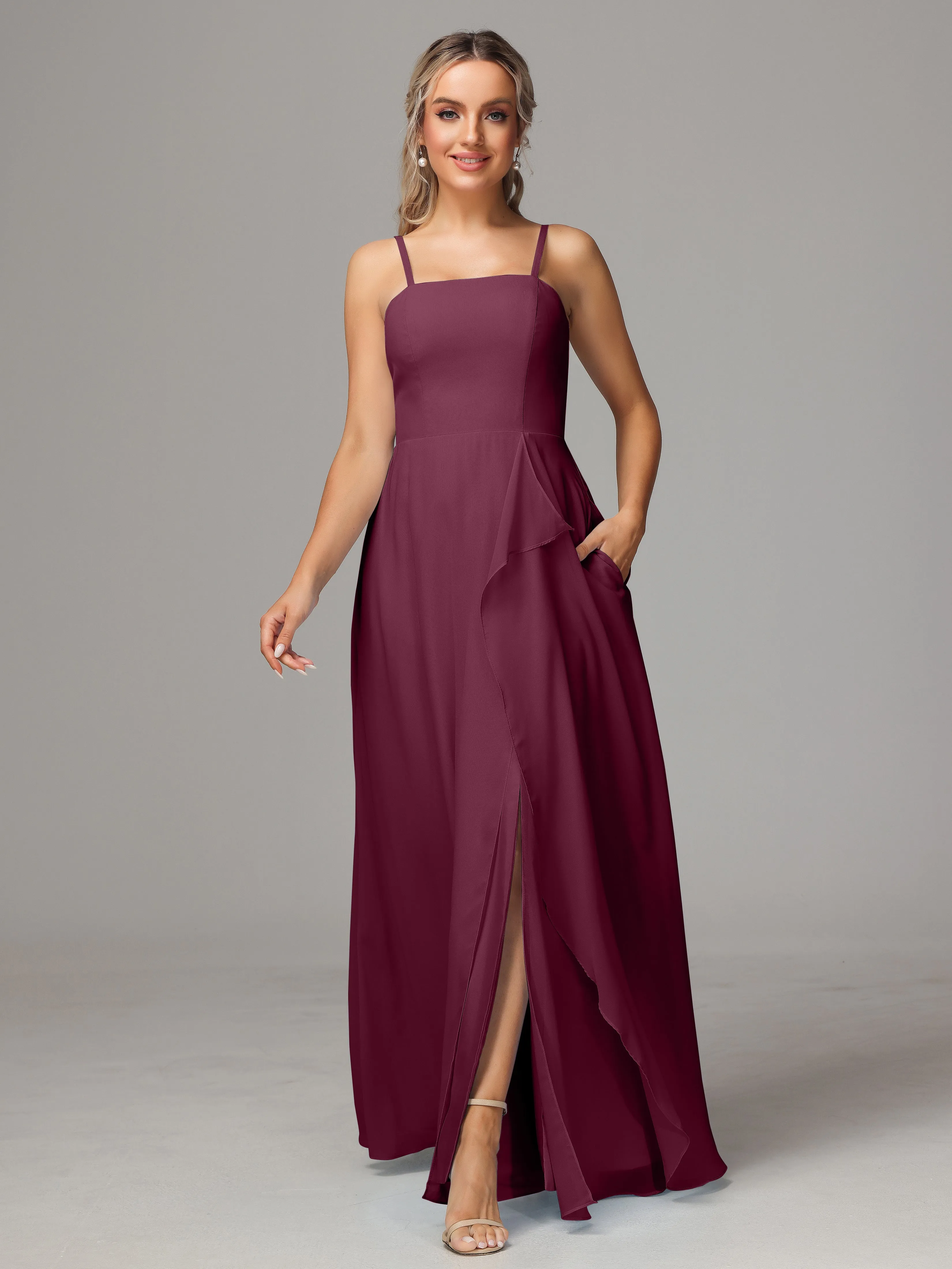 A-Line Ruffles Spaghetti Straps Chiffon Bridesmaid Dresses With Split