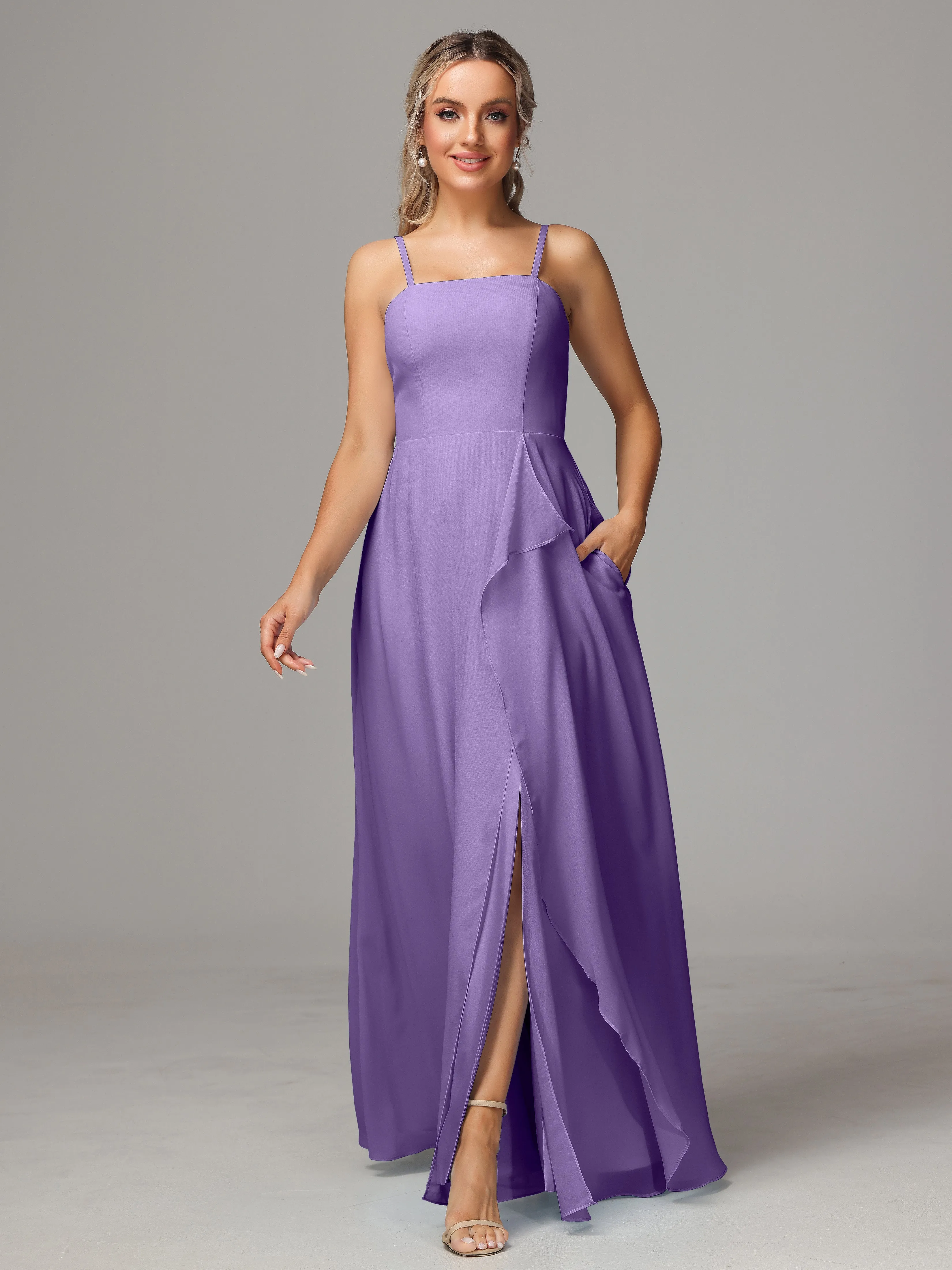 A-Line Ruffles Spaghetti Straps Chiffon Bridesmaid Dresses With Split