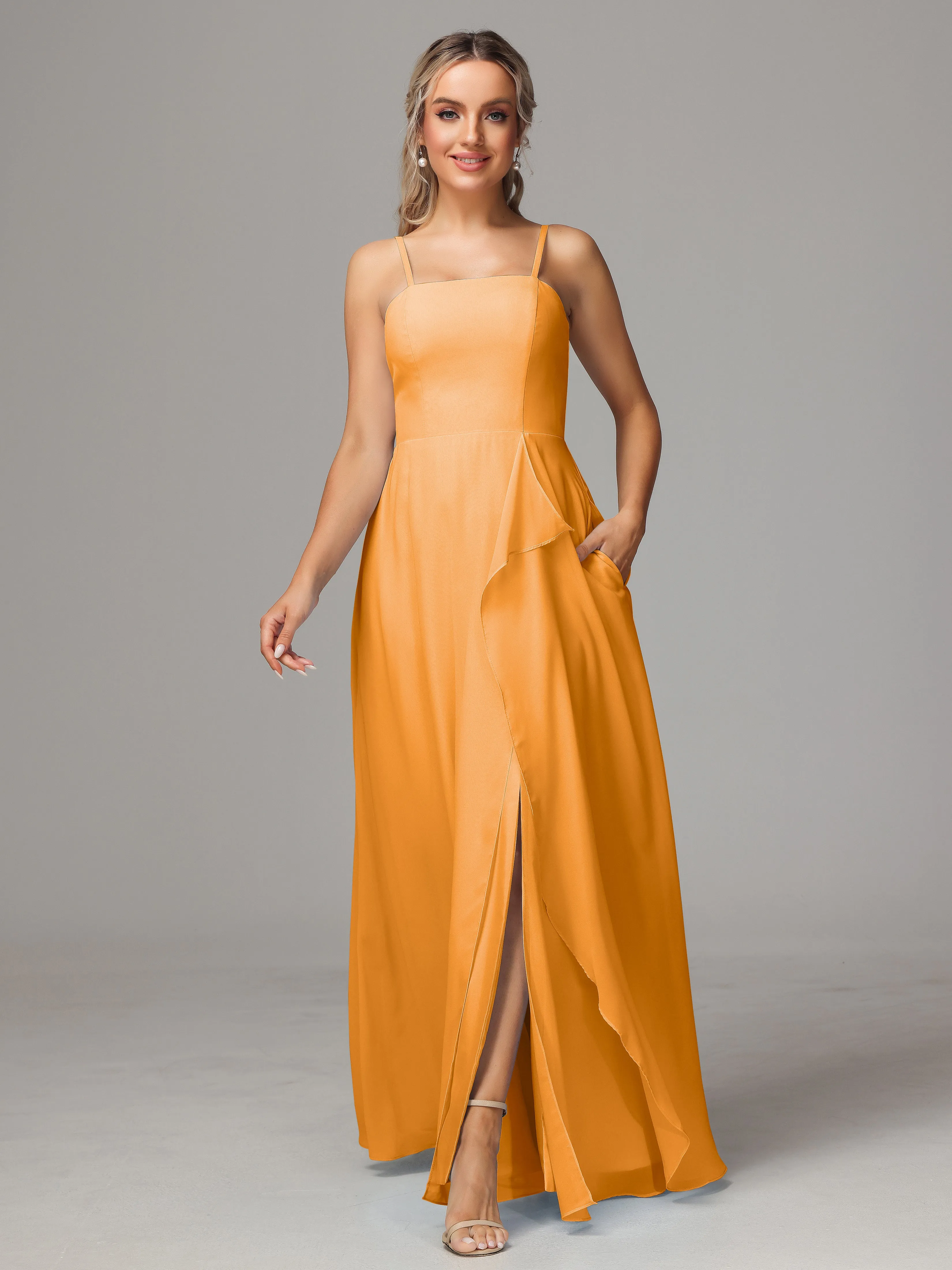 A-Line Ruffles Spaghetti Straps Chiffon Bridesmaid Dresses With Split