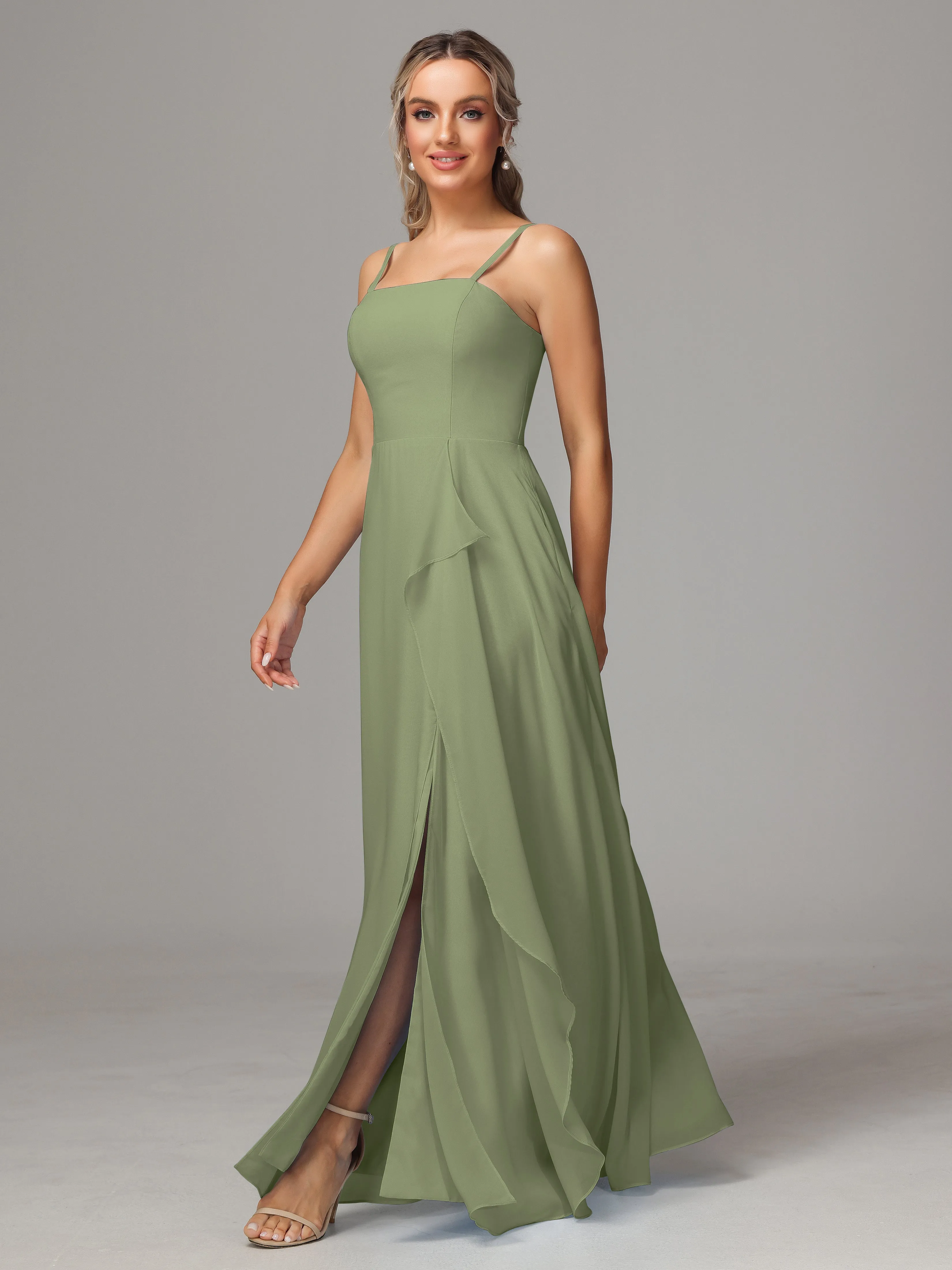 A-Line Ruffles Spaghetti Straps Chiffon Bridesmaid Dresses With Split