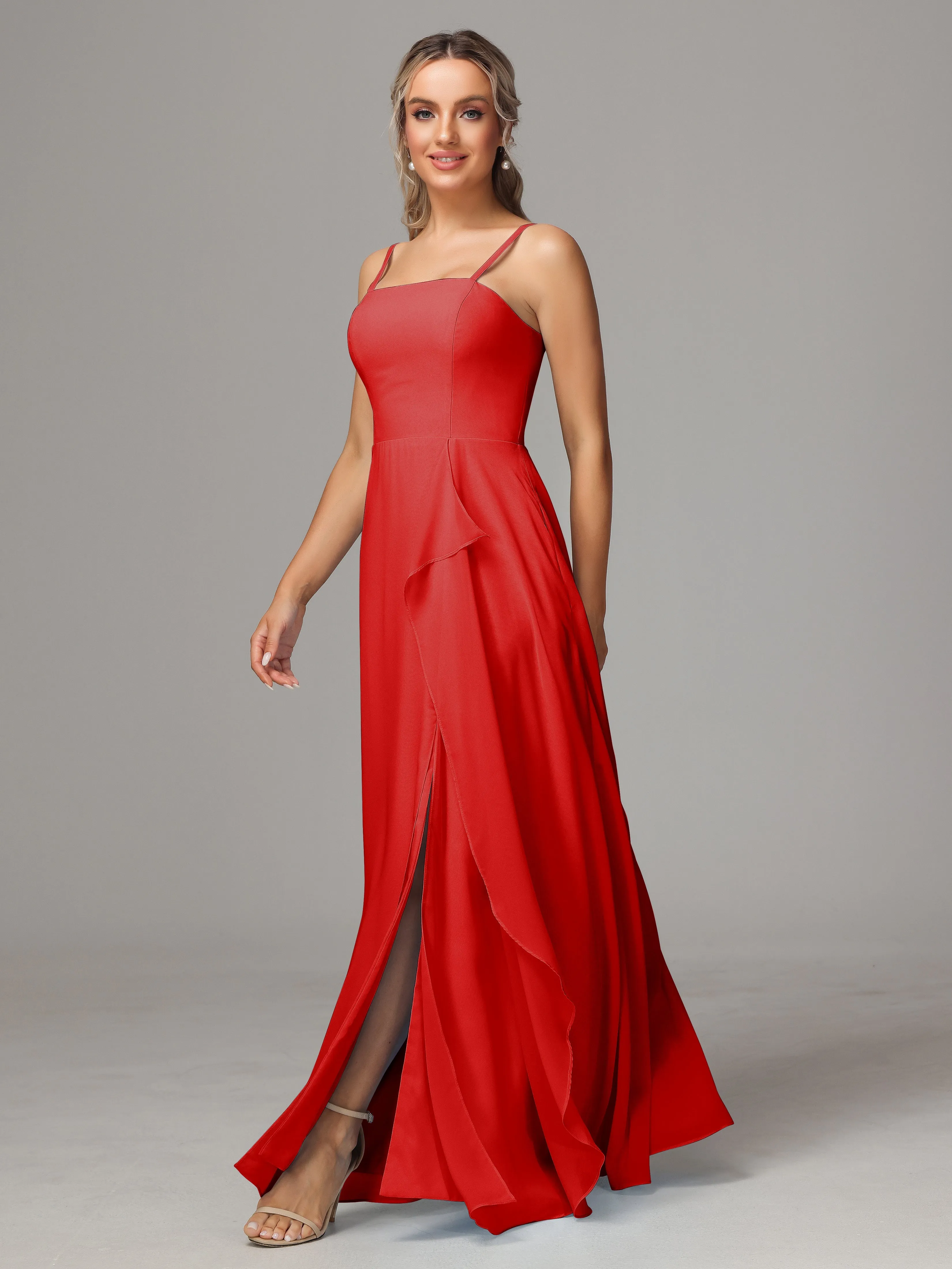 A-Line Ruffles Spaghetti Straps Chiffon Bridesmaid Dresses With Split