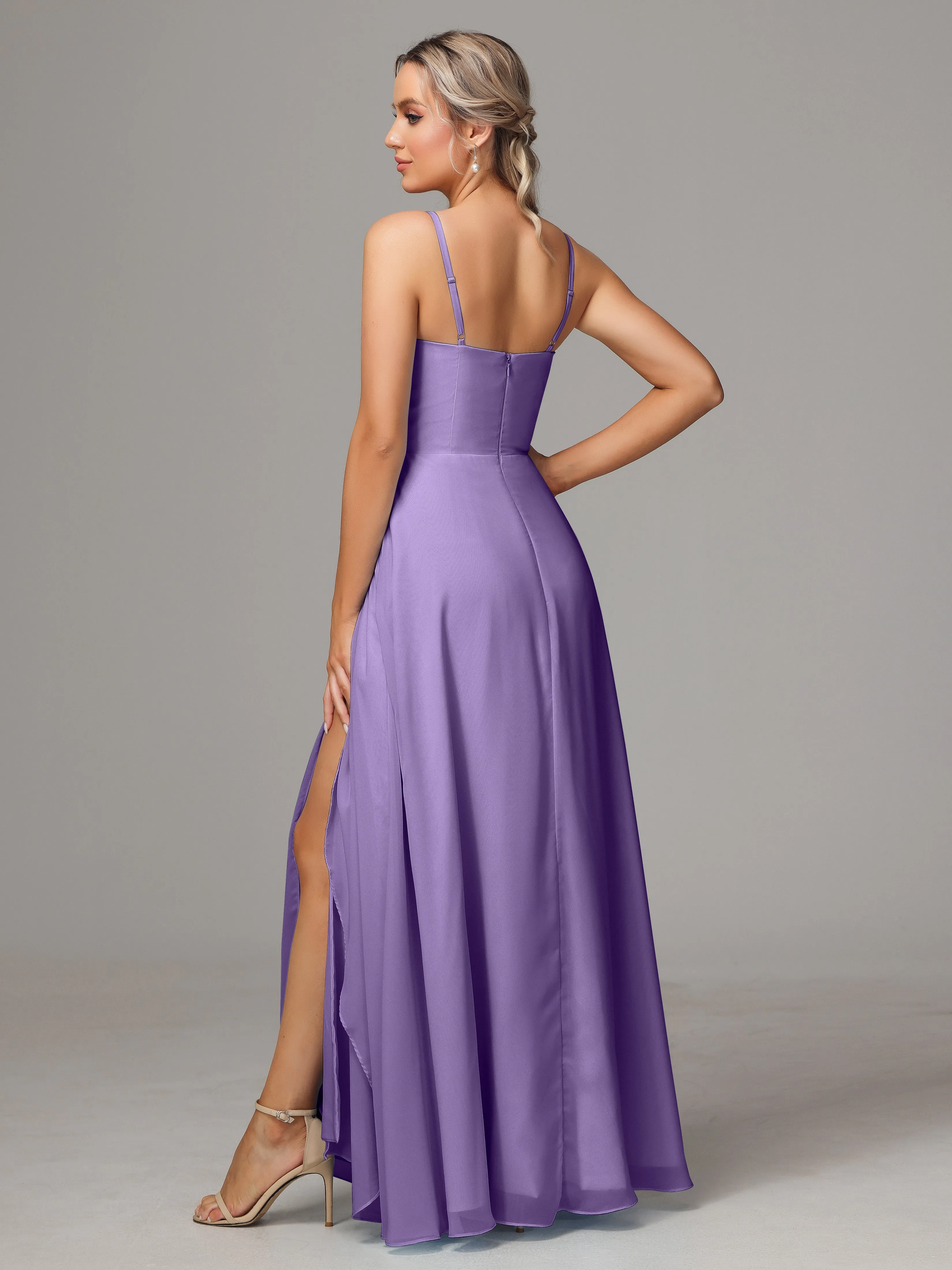 A-Line Ruffles Spaghetti Straps Chiffon Bridesmaid Dresses With Split