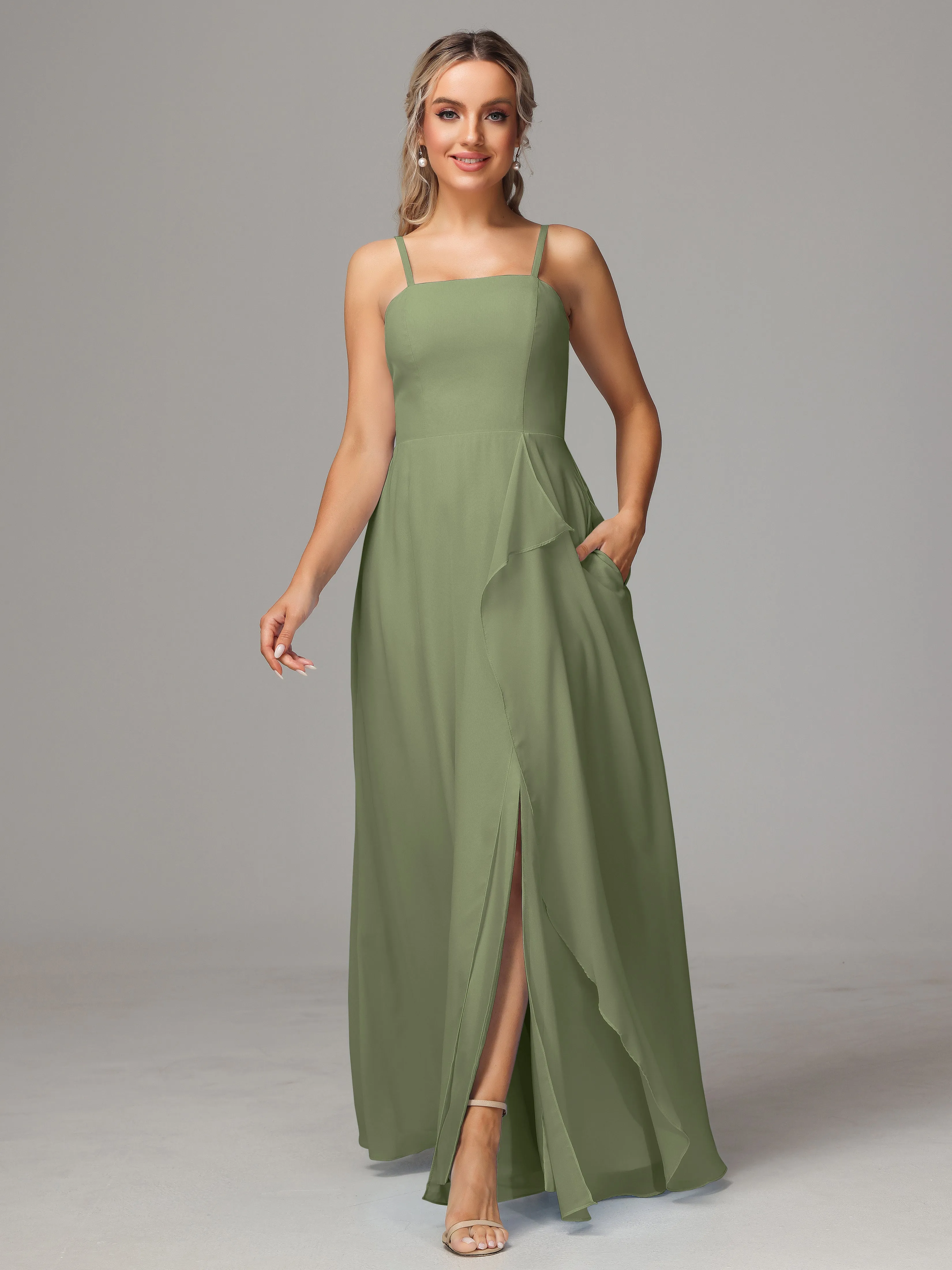 A-Line Ruffles Spaghetti Straps Chiffon Bridesmaid Dresses With Split