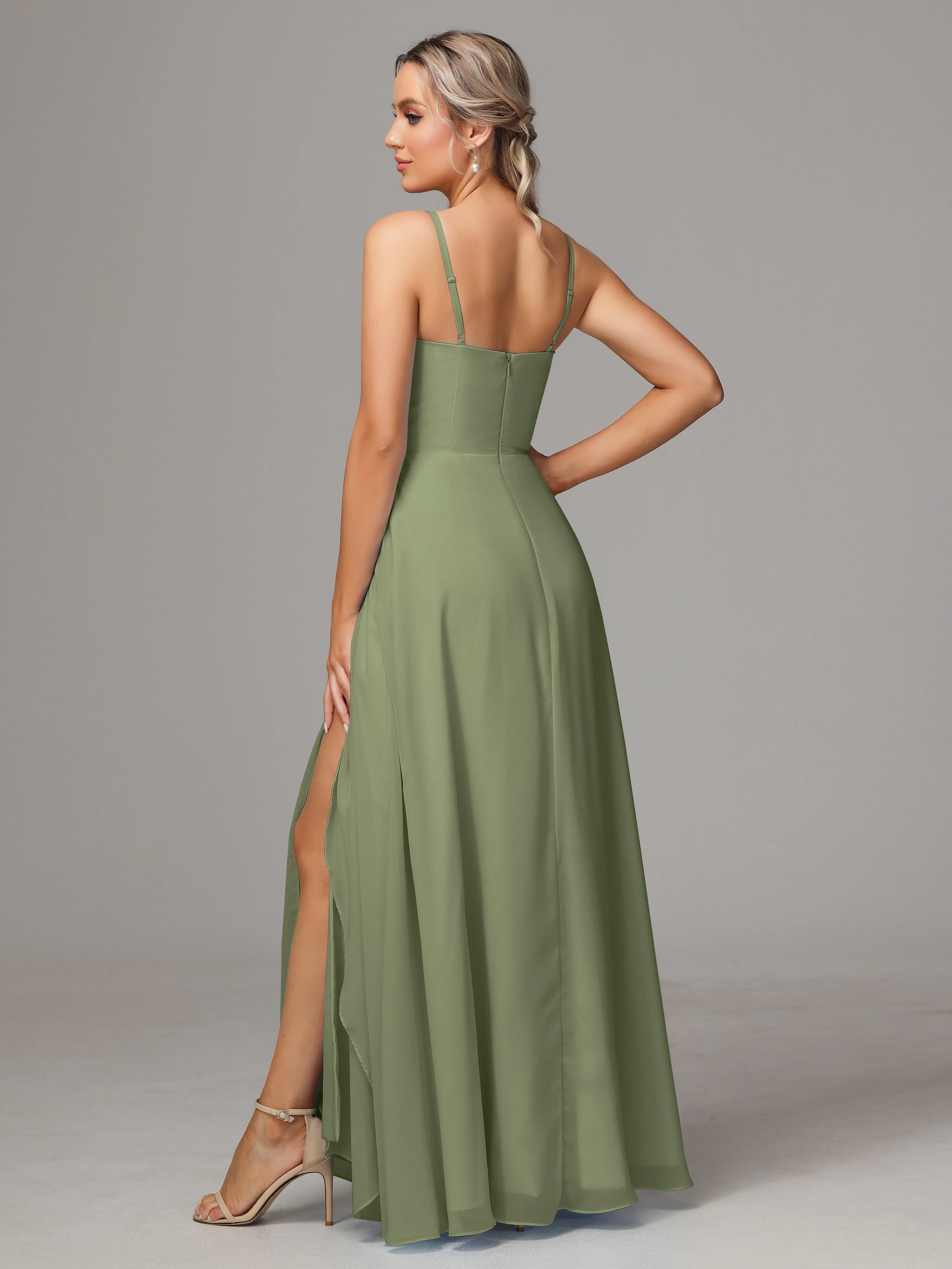 A-Line Ruffles Spaghetti Straps Chiffon Bridesmaid Dresses With Split